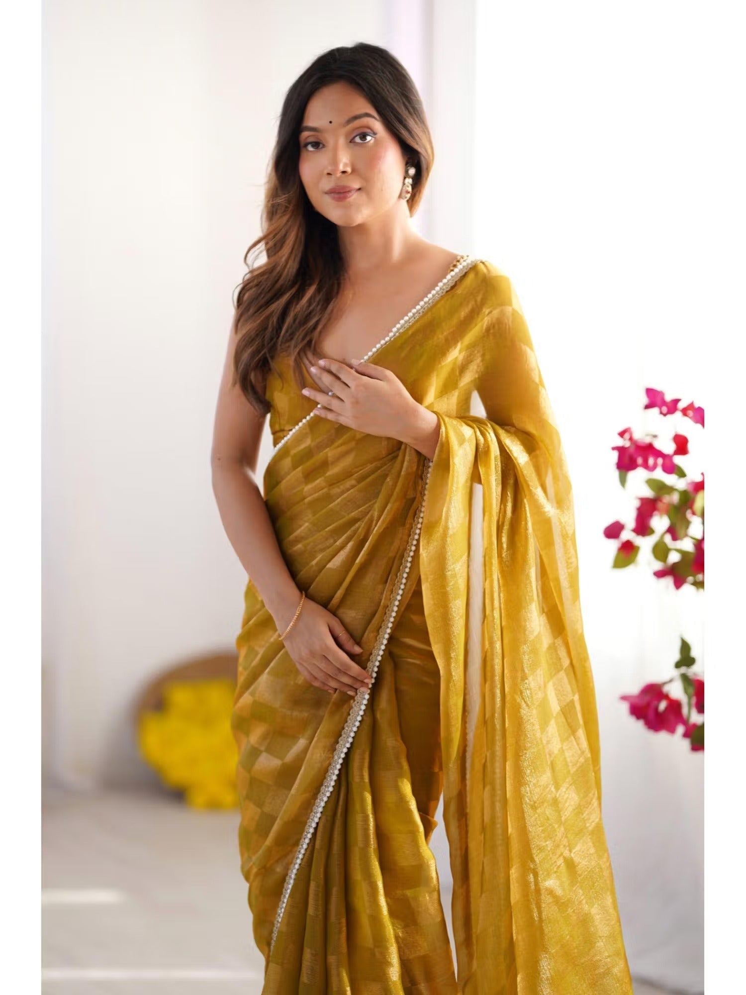Jyoti Fashion Women's Mustard Box Chiffon Moti Lace Border Designer Saree with Blouse - Swadesiicart