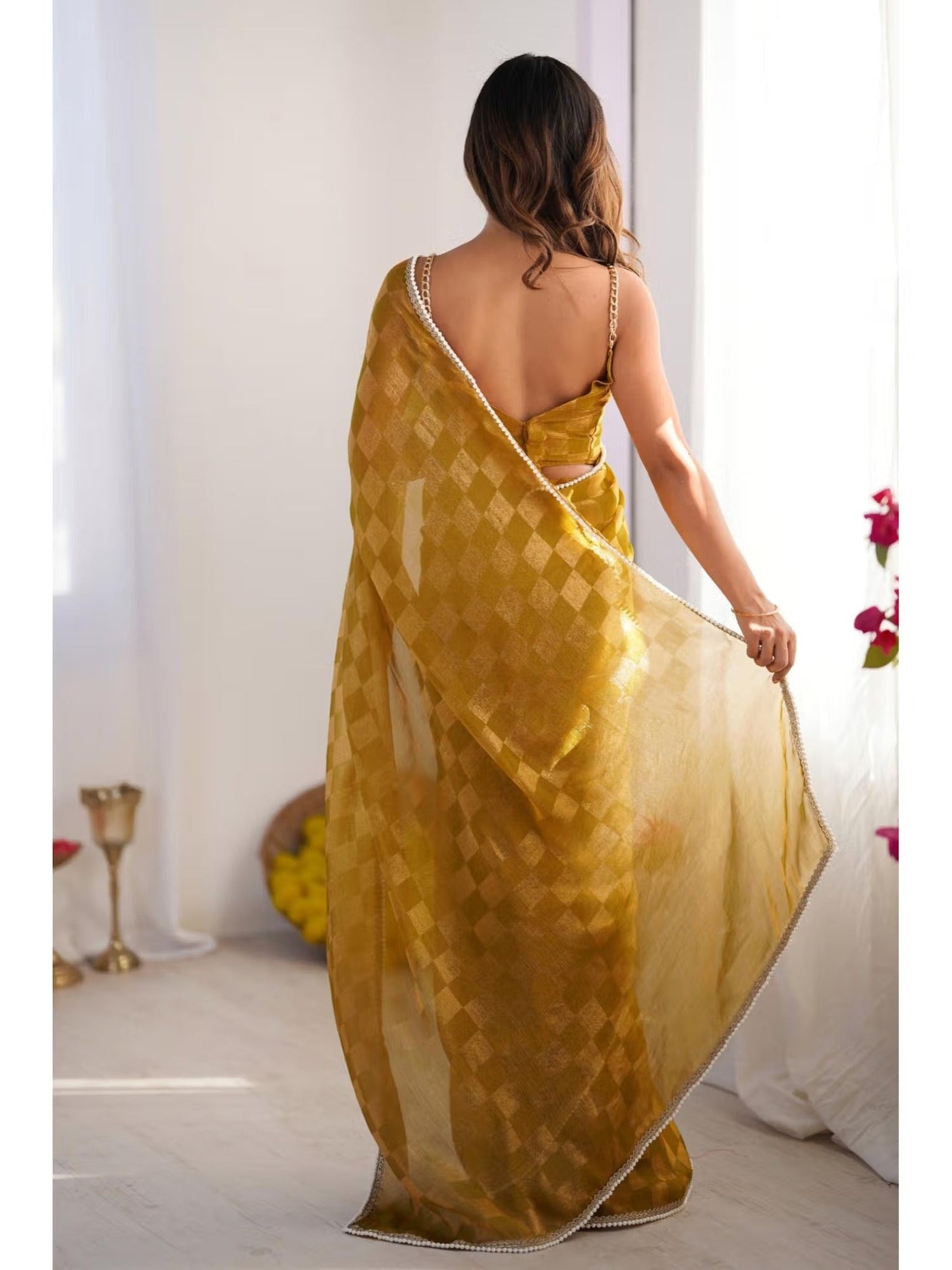 Jyoti Fashion Women's Mustard Box Chiffon Moti Lace Border Designer Saree with Blouse - Swadesiicart