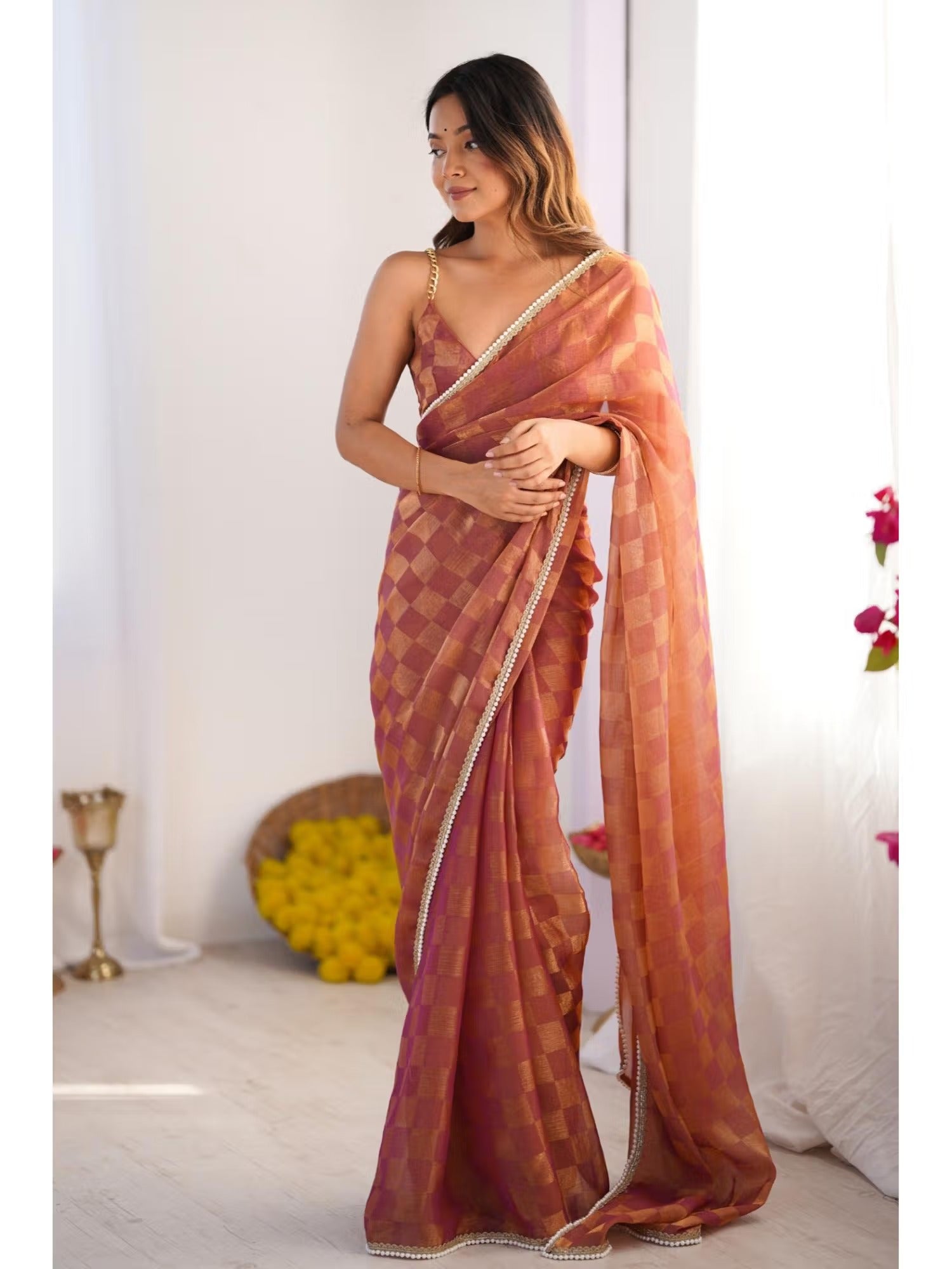 Jyoti Fashion Women's Brown Box Chiffon Moti Lace Border Designer Saree with Blouse - Swadesiicart