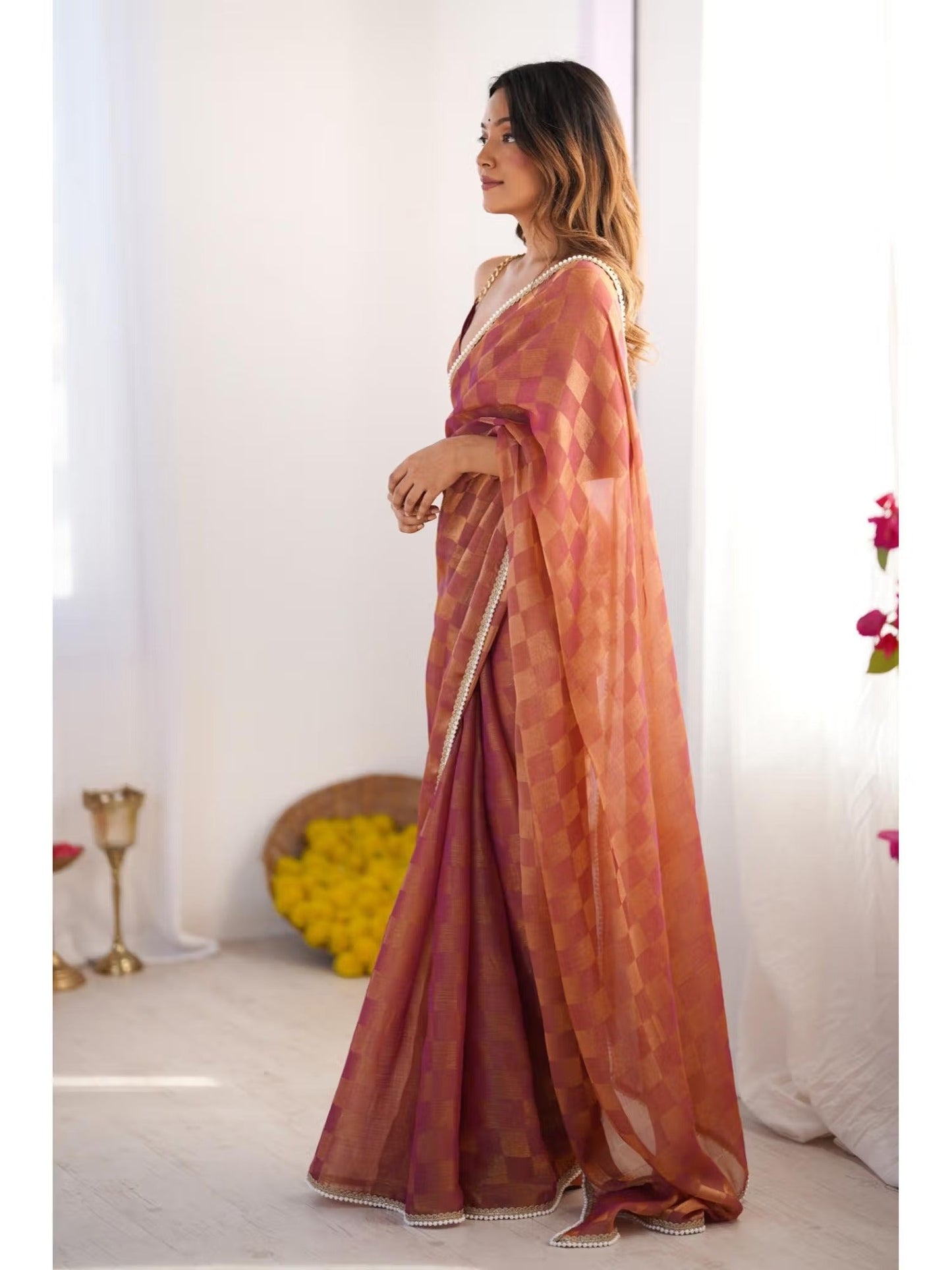 Jyoti Fashion Women's Brown Box Chiffon Moti Lace Border Designer Saree with Blouse - Swadesiicart