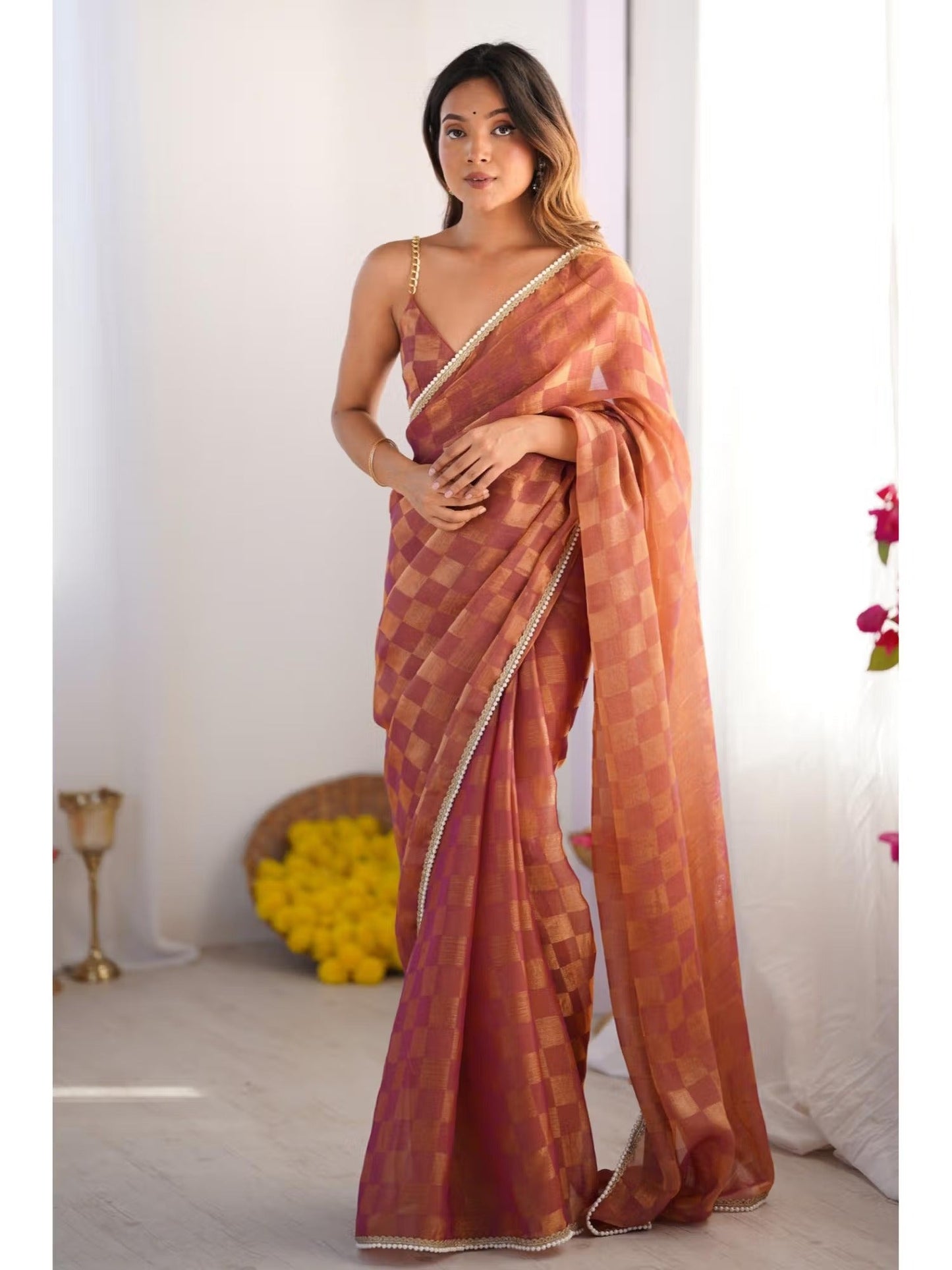 Jyoti Fashion Women's Brown Box Chiffon Moti Lace Border Designer Saree with Blouse - Swadesiicart