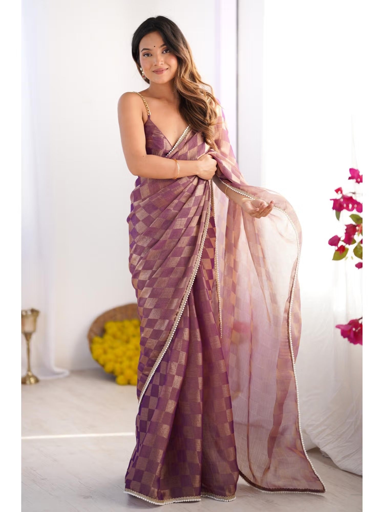Jyoti Fashion Women's Purple Box Chiffon Moti Lace Border Designer Saree with Blouse | Swadesiicart