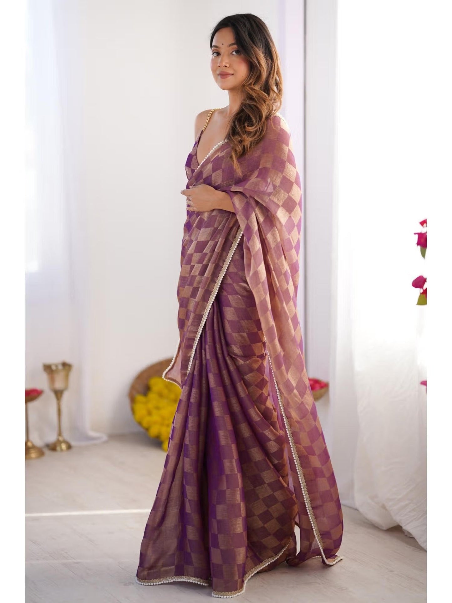 Jyoti Fashion Women's Purple Box Chiffon Moti Lace Border Designer Saree with Blouse | Swadesiicart