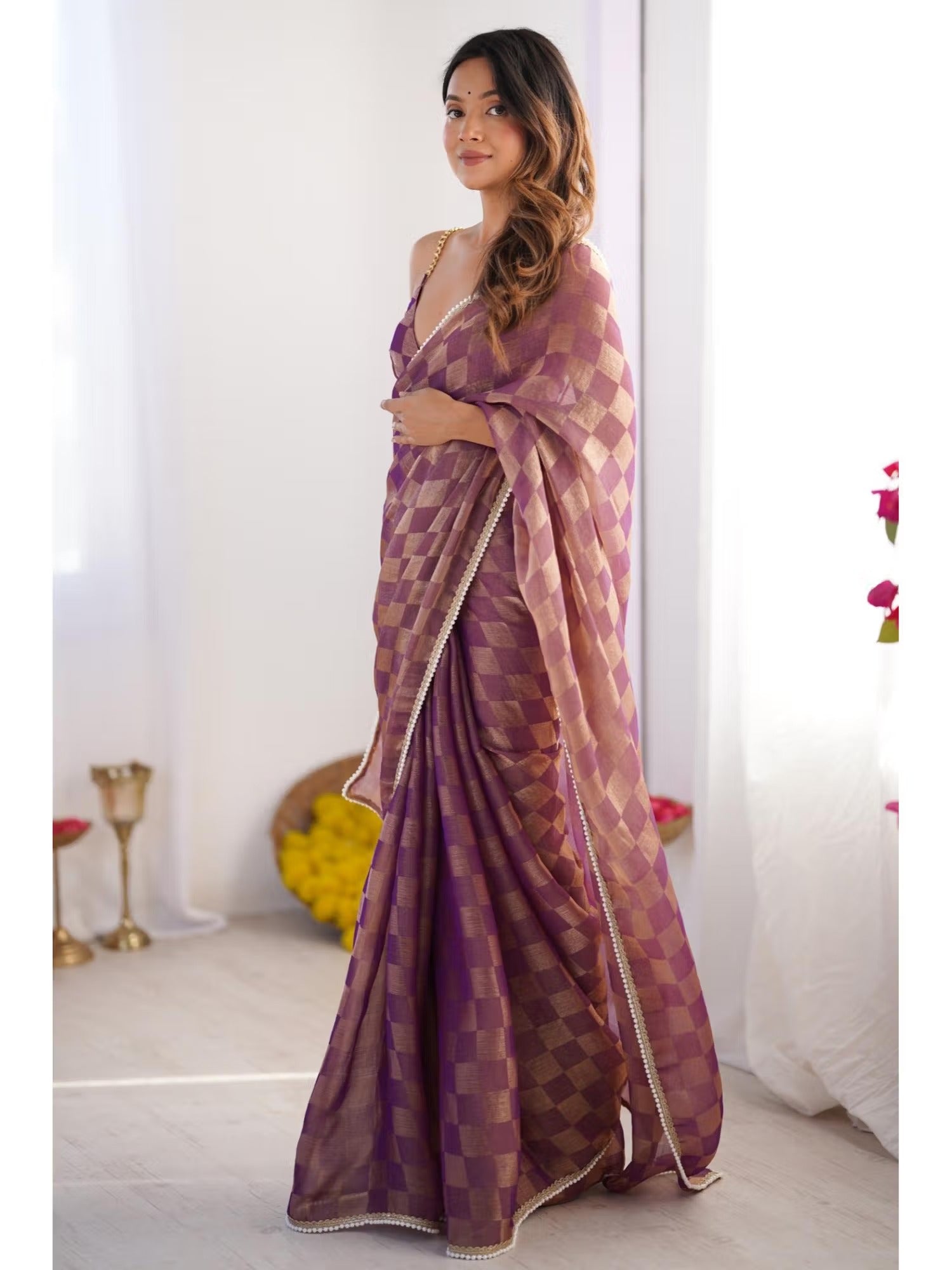 Jyoti Fashion Women's Purple Box Chiffon Moti Lace Border Designer Saree with Blouse | Swadesiicart
