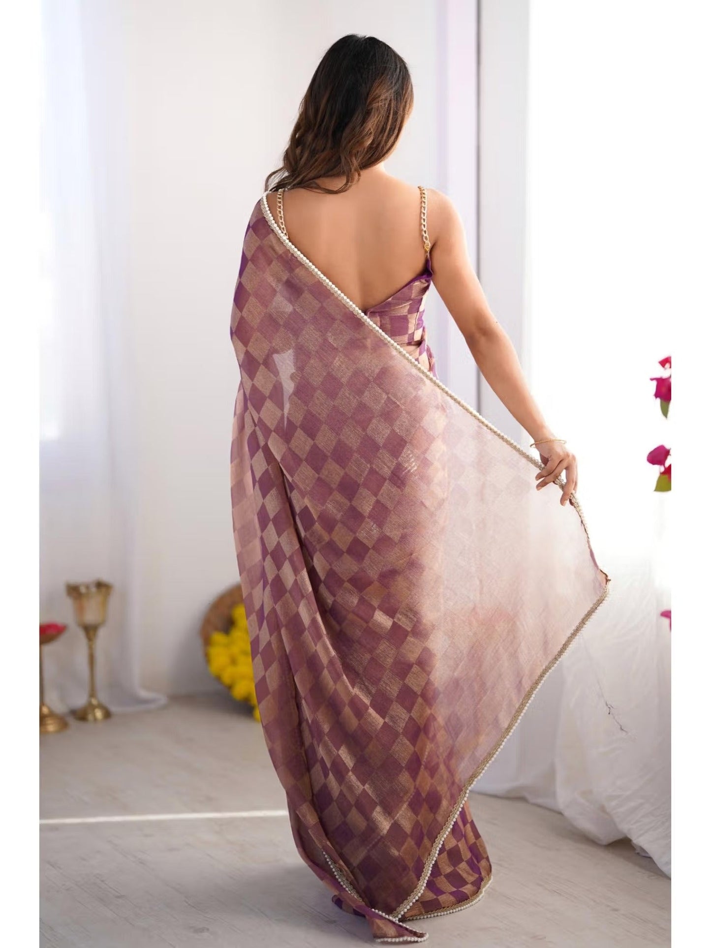 Jyoti Fashion Women's Purple Box Chiffon Moti Lace Border Designer Saree with Blouse | Swadesiicart