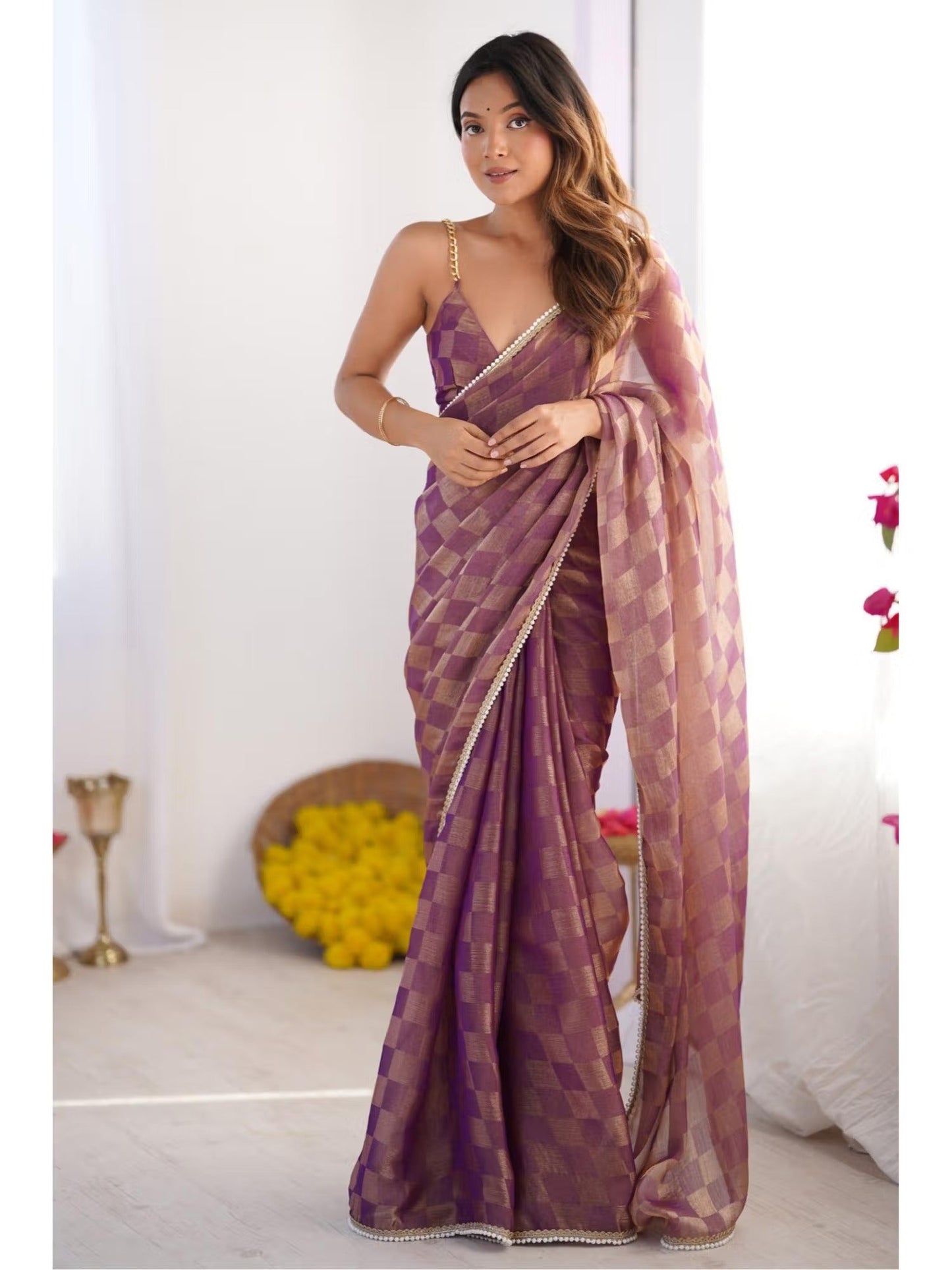 Jyoti Fashion Women's Purple Box Chiffon Moti Lace Border Designer Saree with Blouse | Swadesiicart
