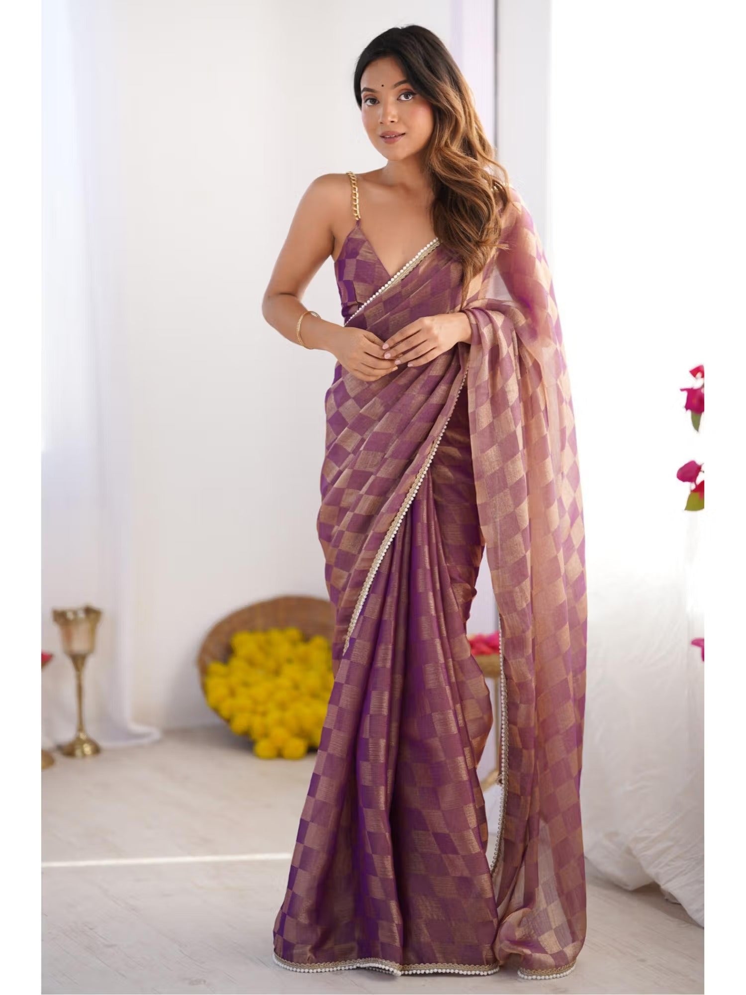 Jyoti Fashion Women's Purple Box Chiffon Moti Lace Border Designer Saree with Blouse | Swadesiicart