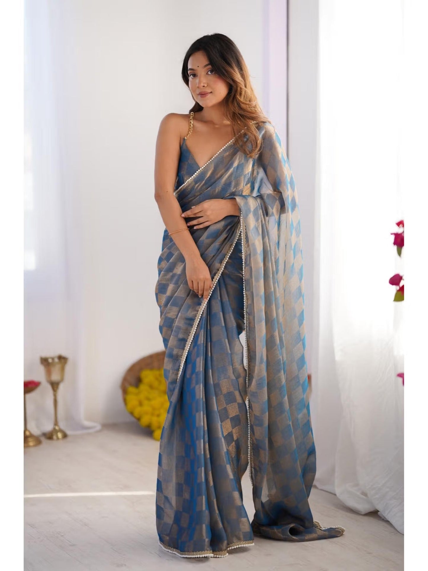 Jyoti Fashion Women's Blue Box Chiffon Moti Lace Border Designer Saree with Blouse - Swadesiicart