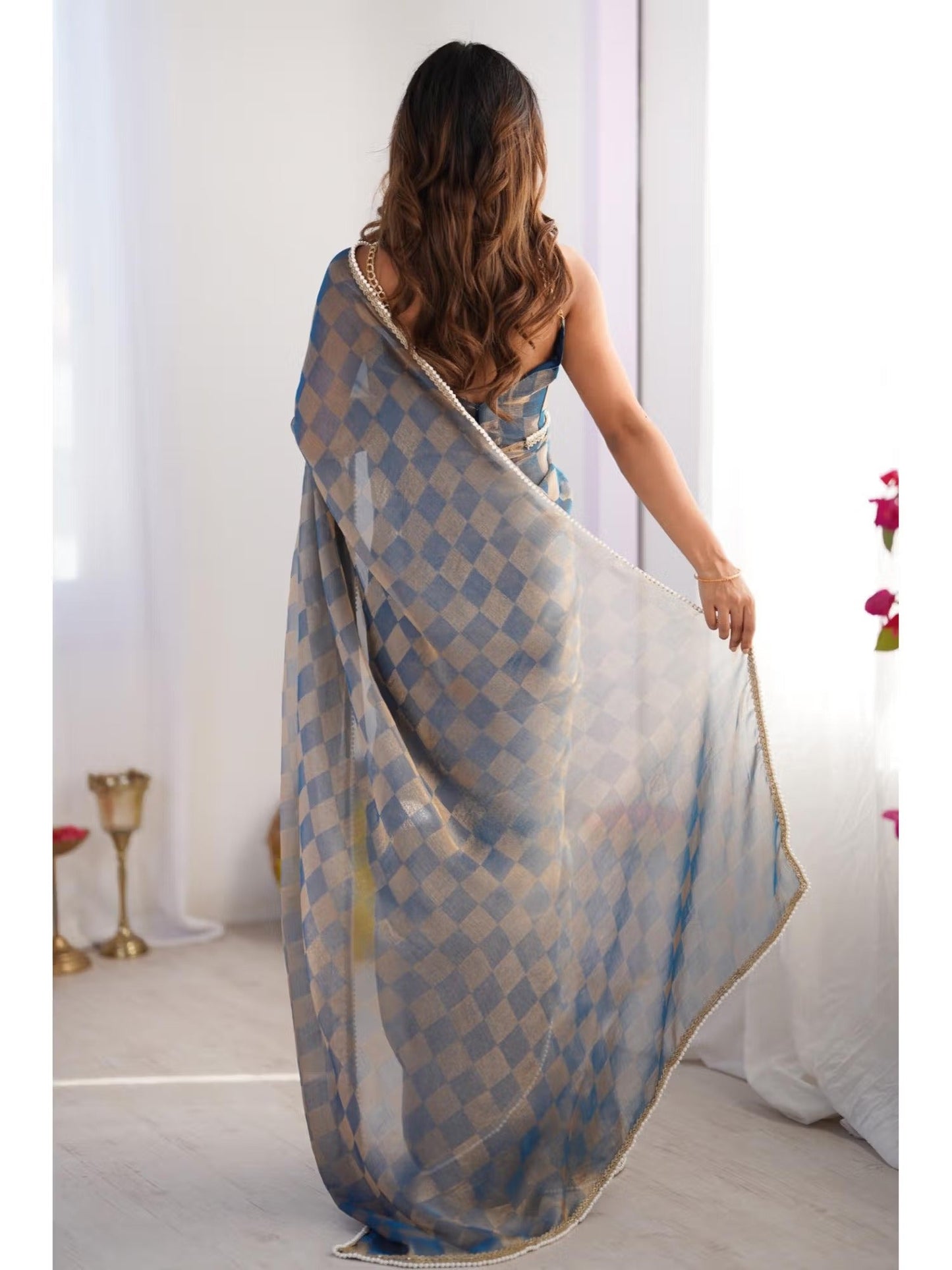 Jyoti Fashion Women's Blue Box Chiffon Moti Lace Border Designer Saree with Blouse - Swadesiicart