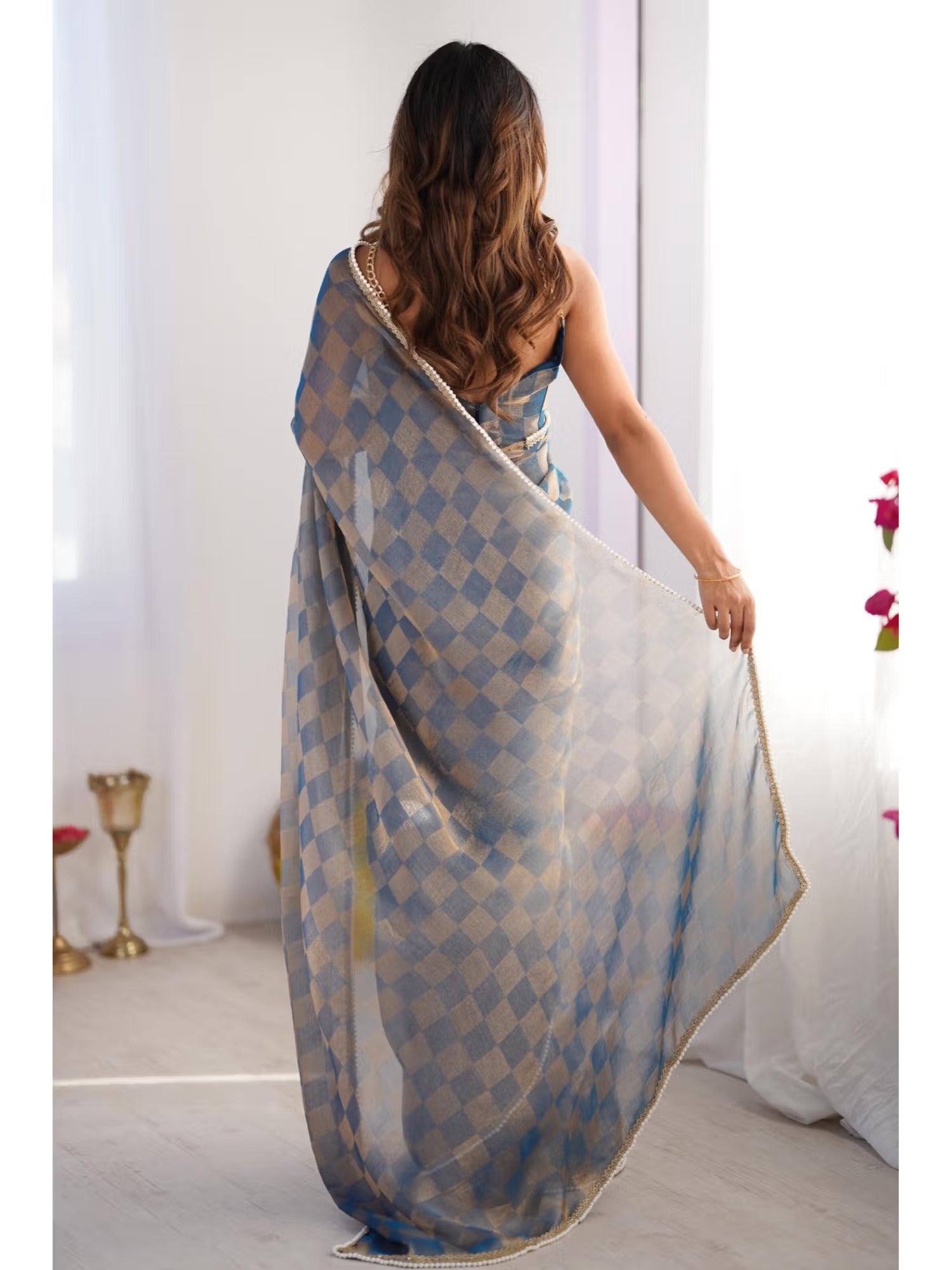 Jyoti Fashion Women's Blue Box Chiffon Moti Lace Border Designer Saree with Blouse - Swadesiicart