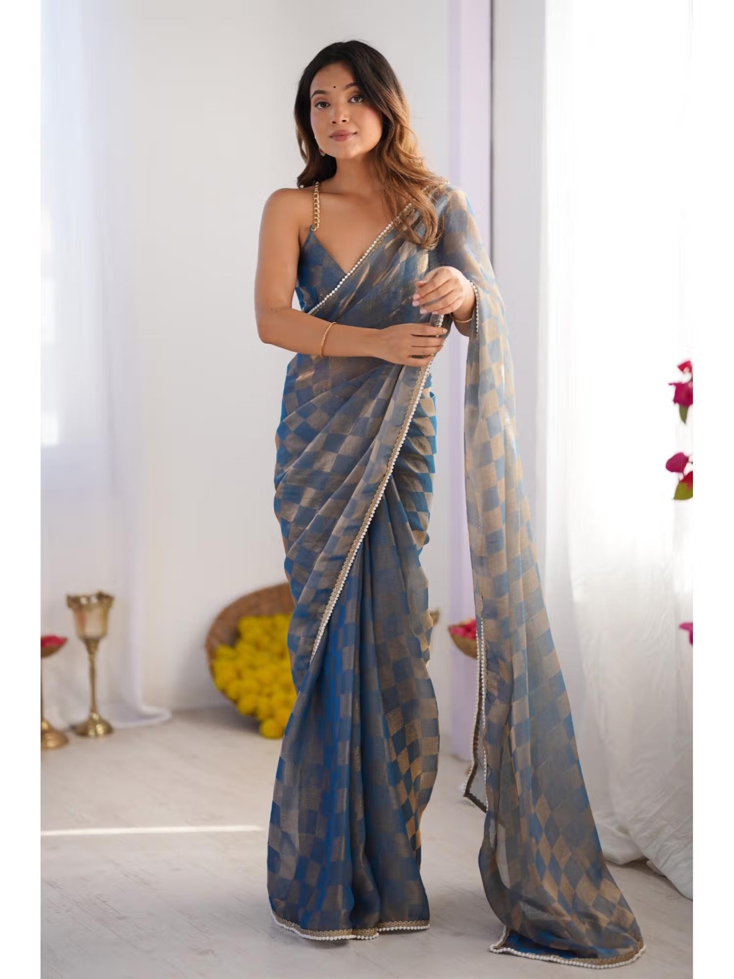 Jyoti Fashion Women's Blue Box Chiffon Moti Lace Border Designer Saree with Blouse - Swadesiicart