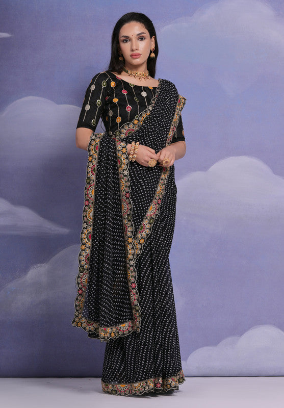 Jyoti Fashion Women's Black Coding Sequence Georgette Saree with Blouse | Swadesiicart