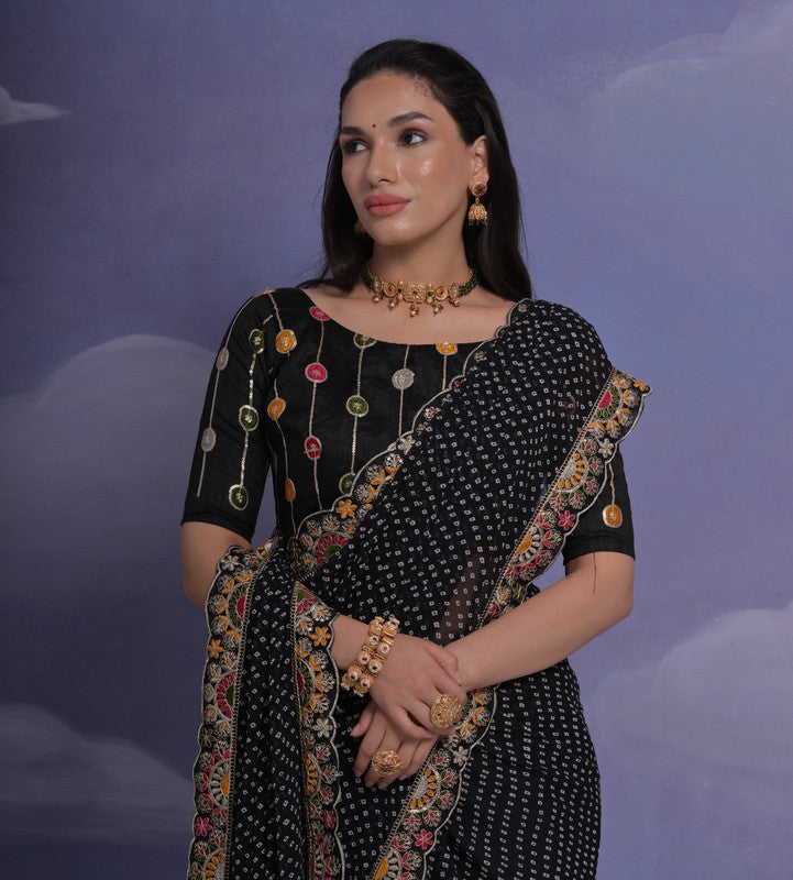 Jyoti Fashion Women's Black Coding Sequence Georgette Saree with Blouse | Swadesiicart
