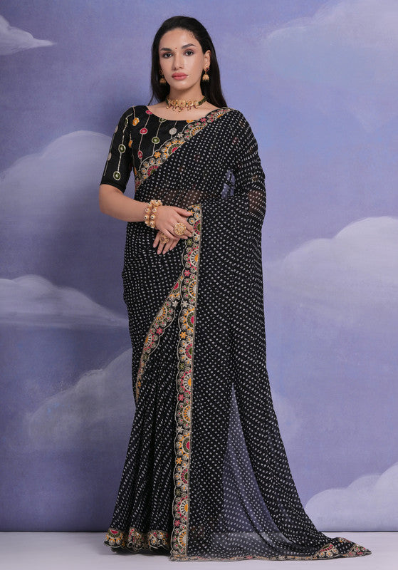 Jyoti Fashion Women's Black Coding Sequence Georgette Saree with Blouse | Swadesiicart