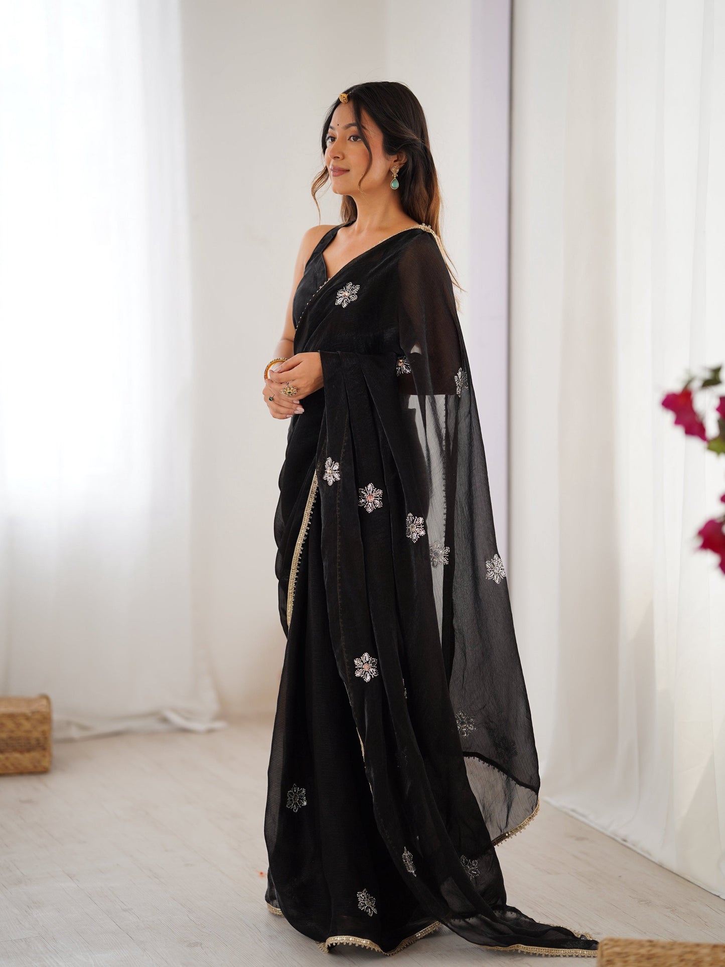 Jyoti Fashion Women's Black Soft Fendy Embroidered Designer Saree with Blouse - Swadesiicart