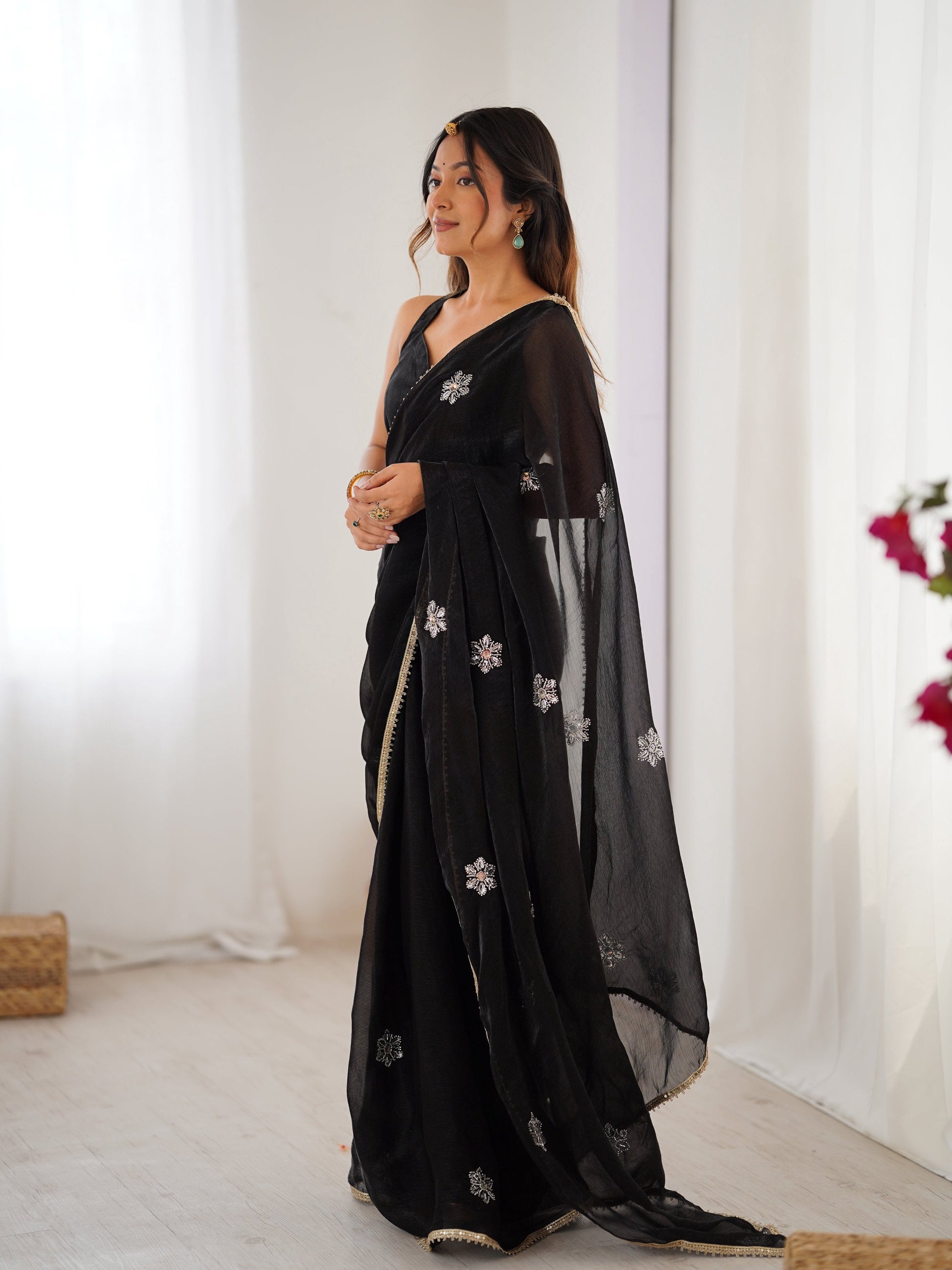 Jyoti Fashion Women's Black Soft Fendy Embroidered Designer Saree with Blouse - Swadesiicart