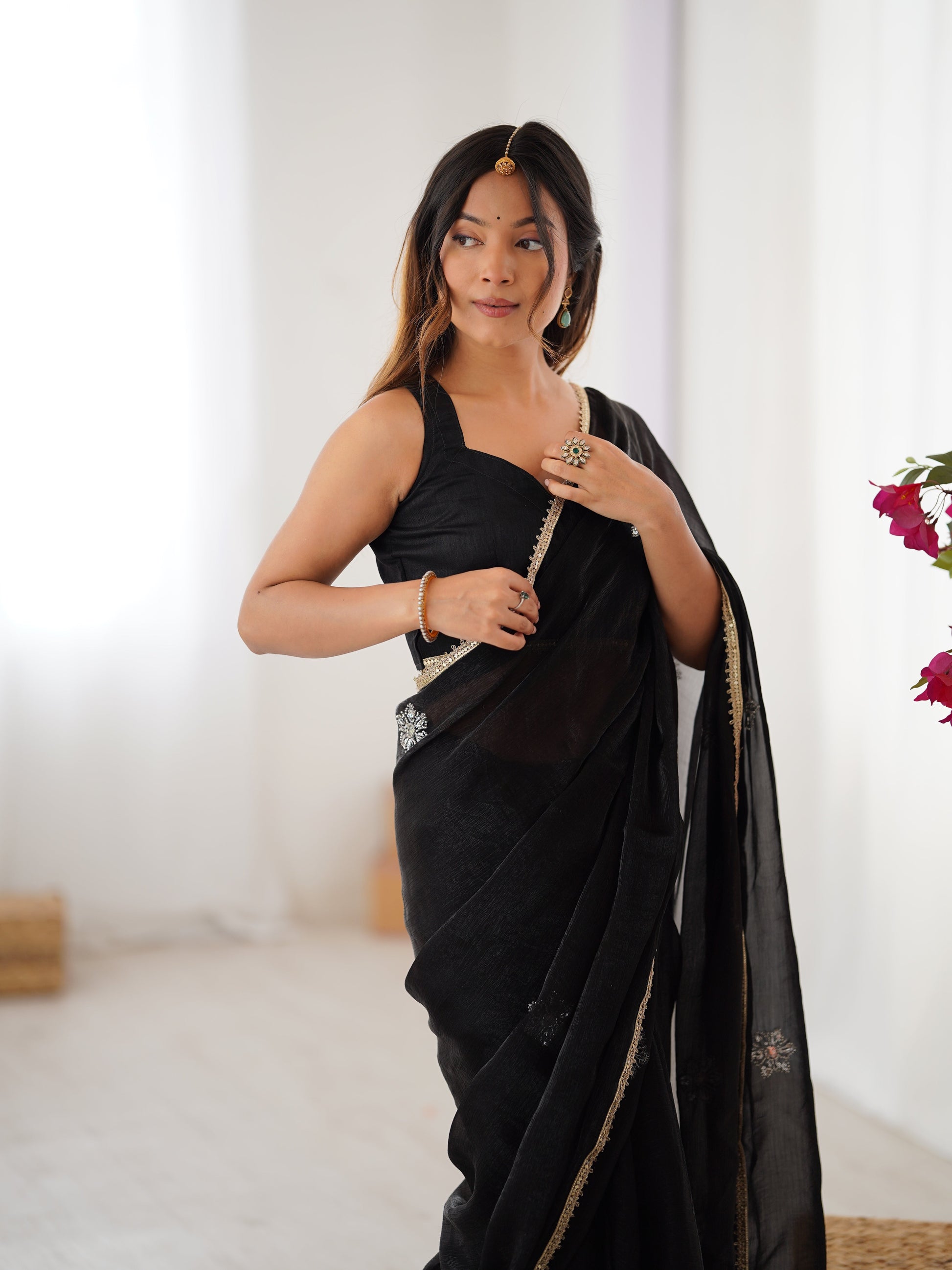 Jyoti Fashion Women's Black Soft Fendy Embroidered Designer Saree with Blouse - Swadesiicart