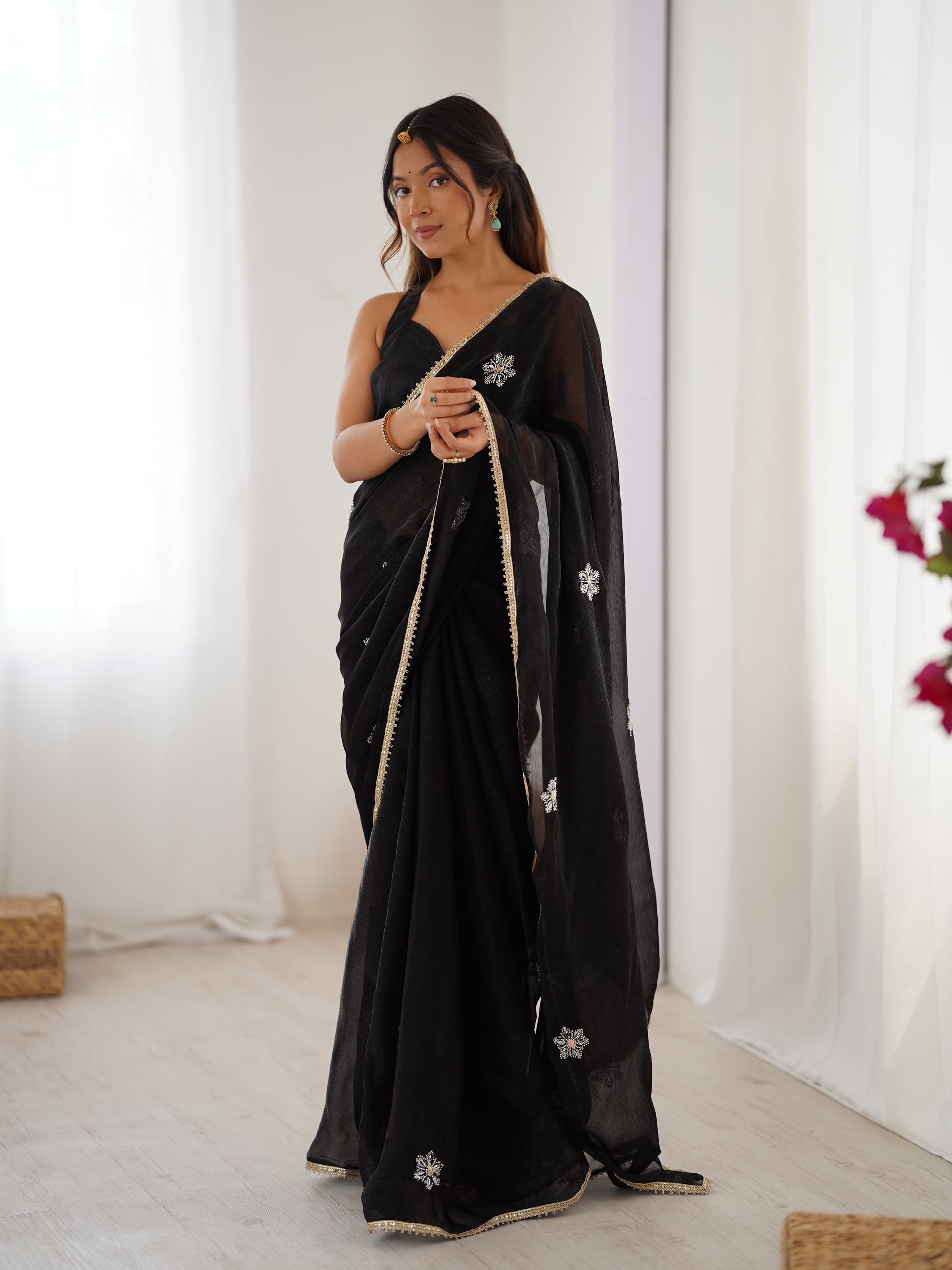Jyoti Fashion Women's Black Soft Fendy Embroidered Designer Saree with Blouse - Swadesiicart