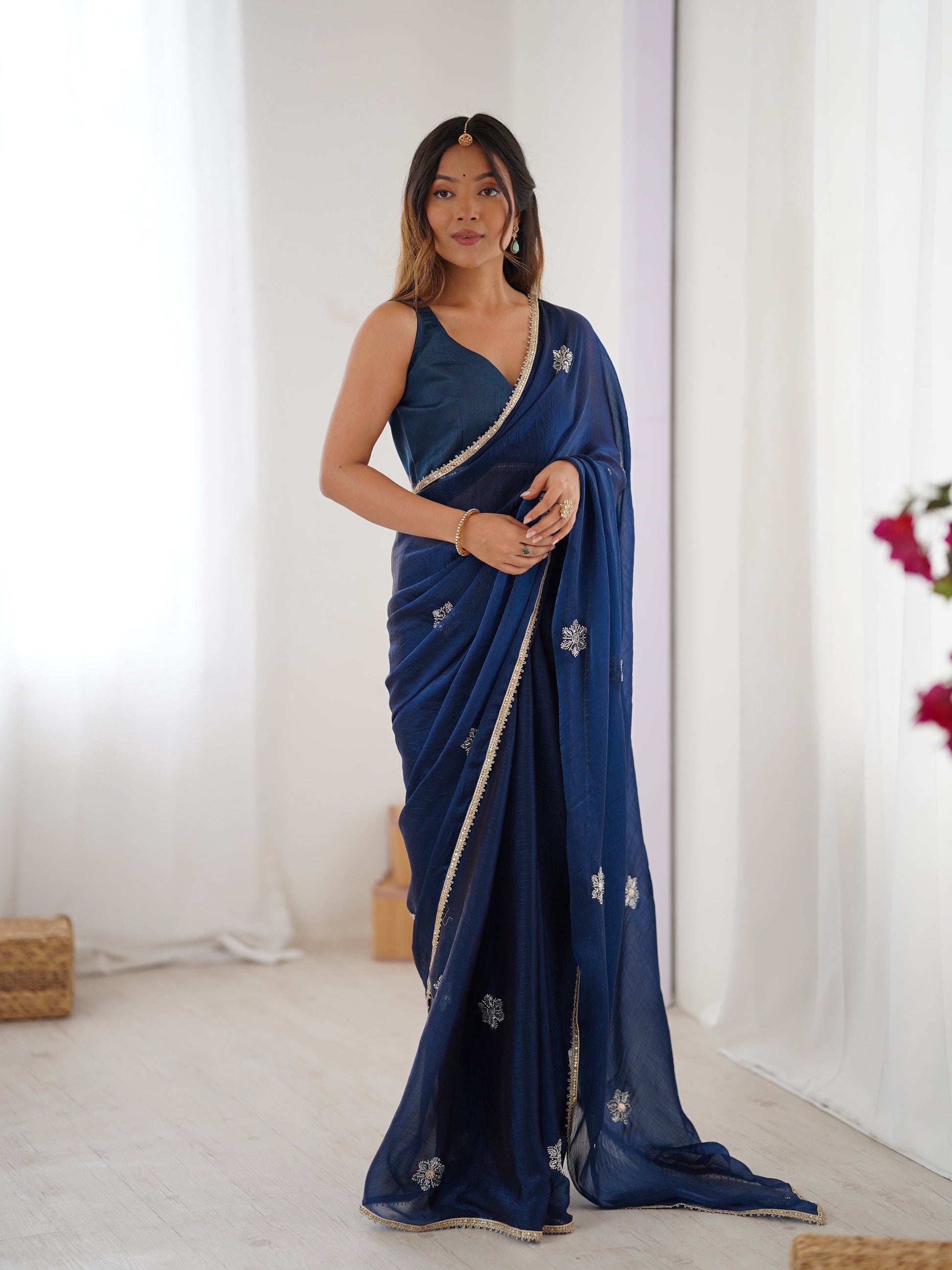 Jyoti Fashion Women's Navy Blue Soft Fendy Embroidered Designer Saree with Blouse - Swadesiicart