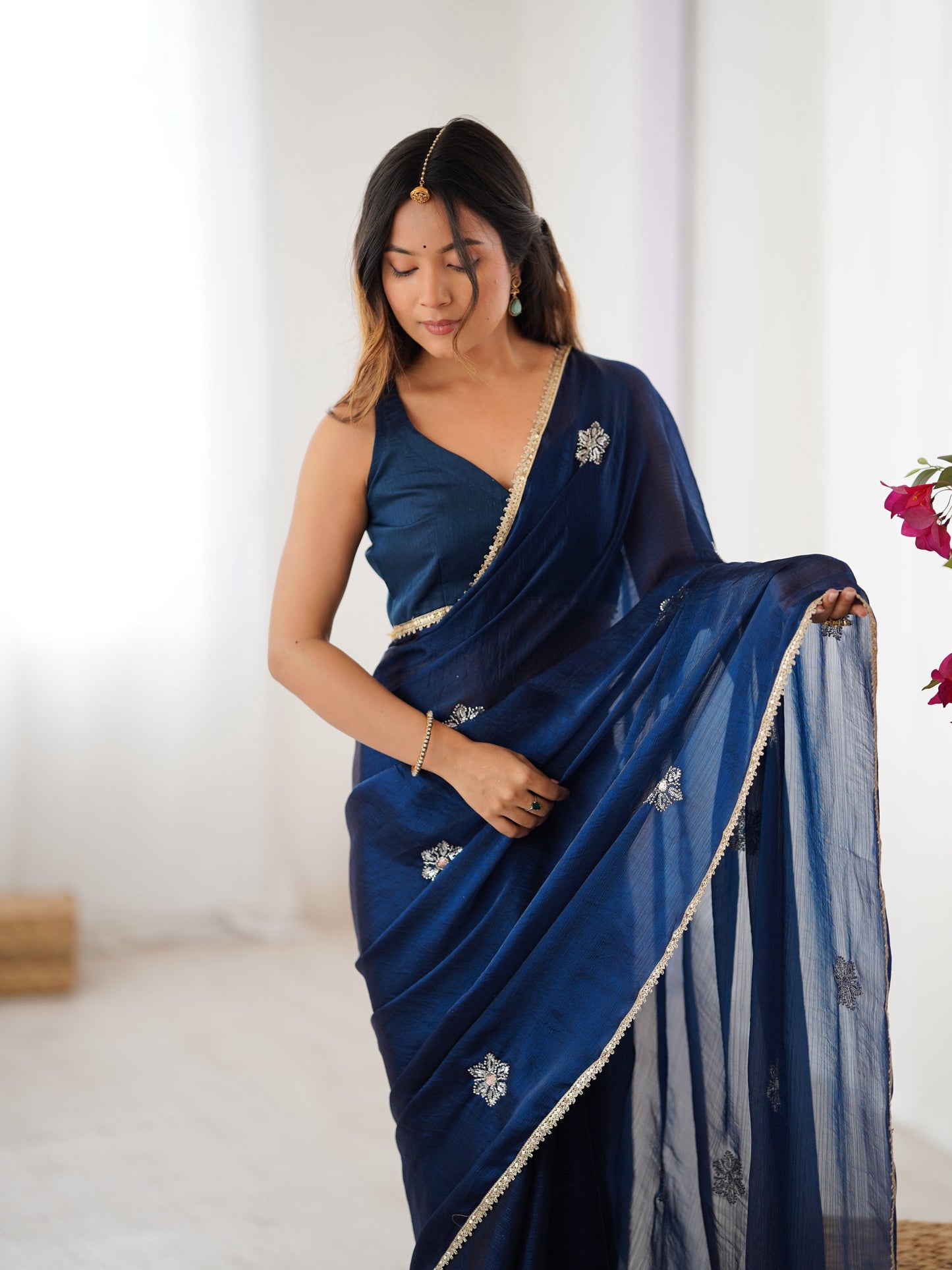 Jyoti Fashion Women's Navy Blue Soft Fendy Embroidered Designer Saree with Blouse - Swadesiicart