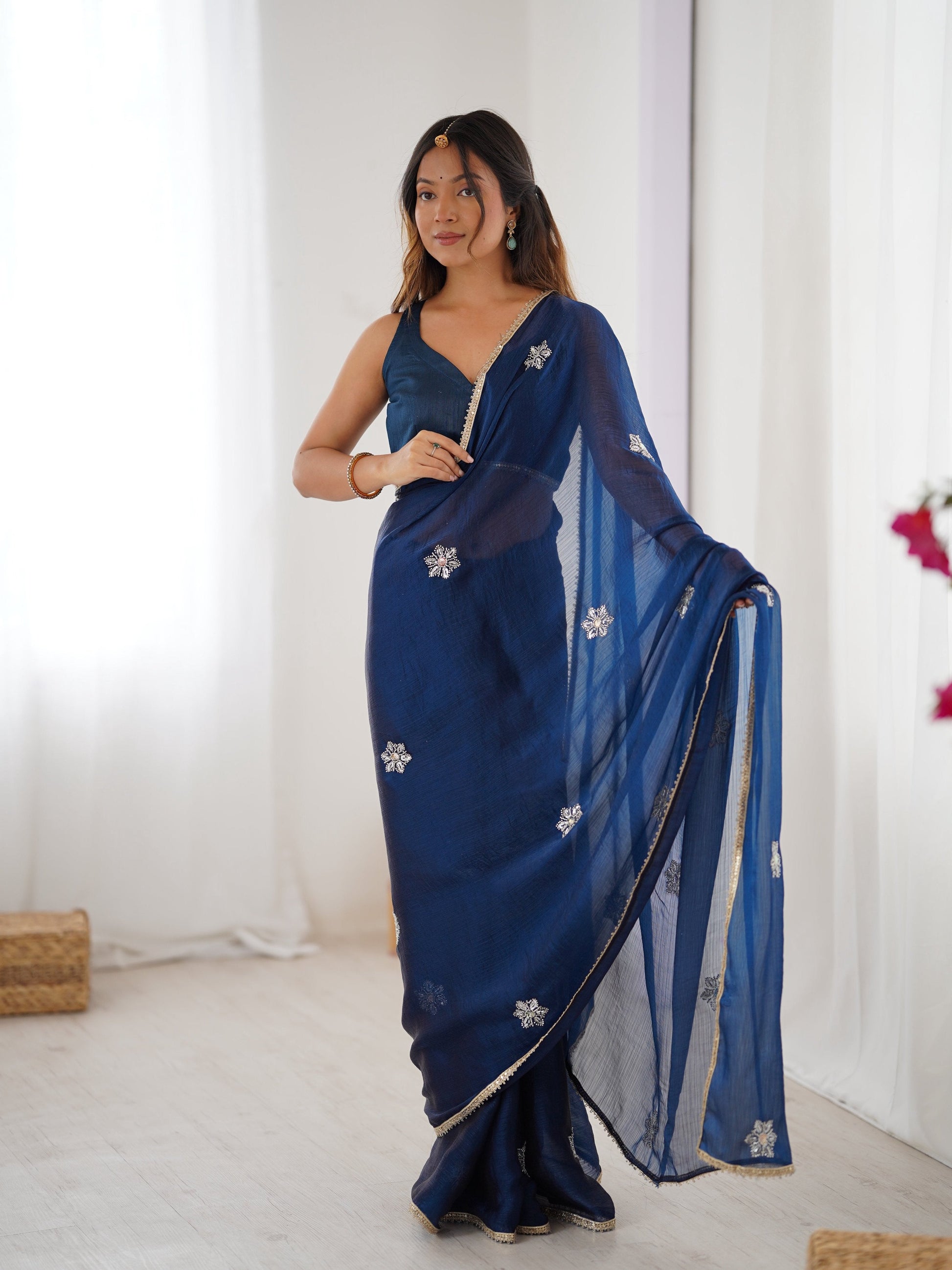 Jyoti Fashion Women's Navy Blue Soft Fendy Embroidered Designer Saree with Blouse - Swadesiicart