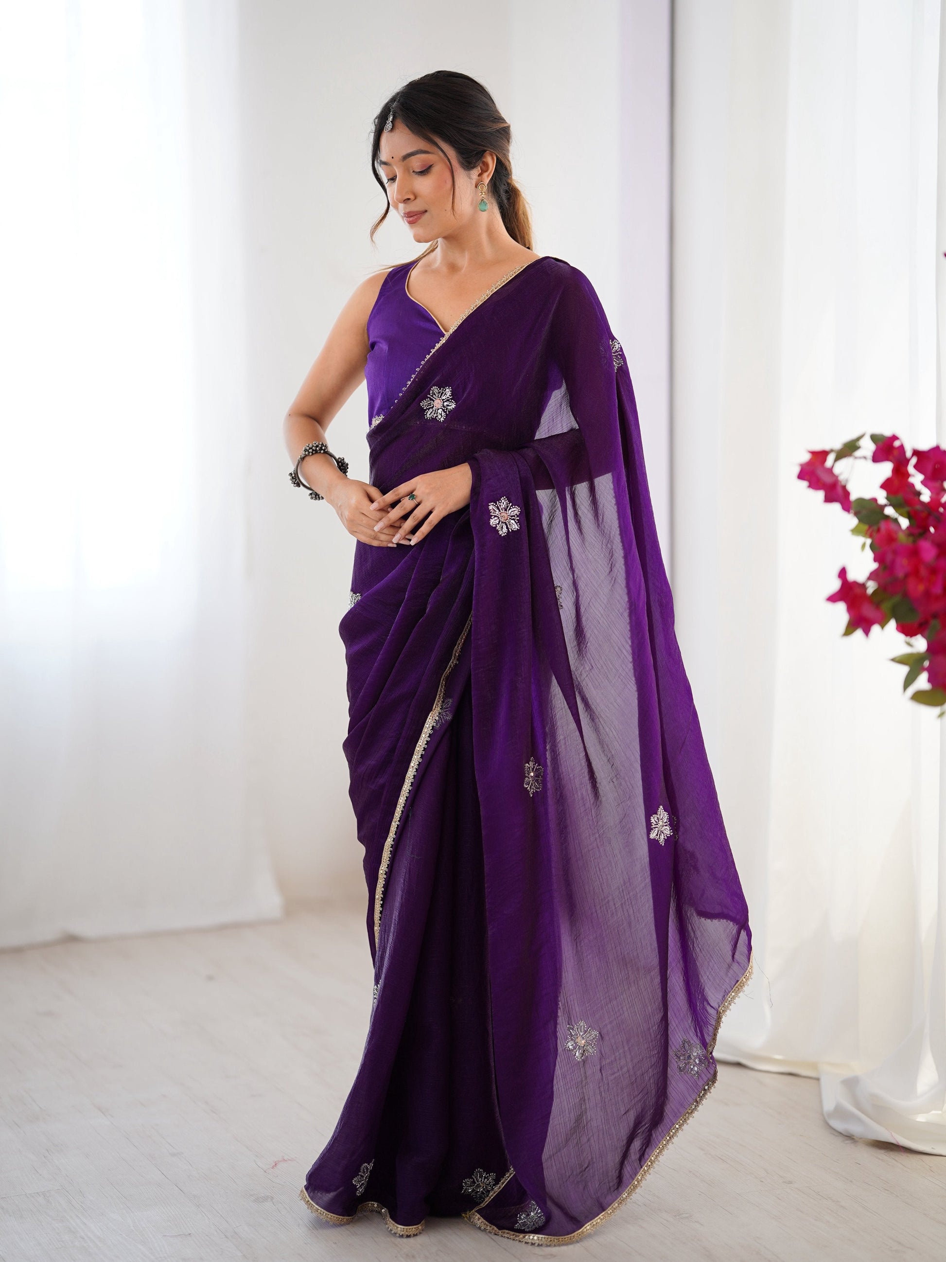 Jyoti Fashion Women's Purple Soft Fendy Embroidered Designer Saree with Blouse - Swadesiicart