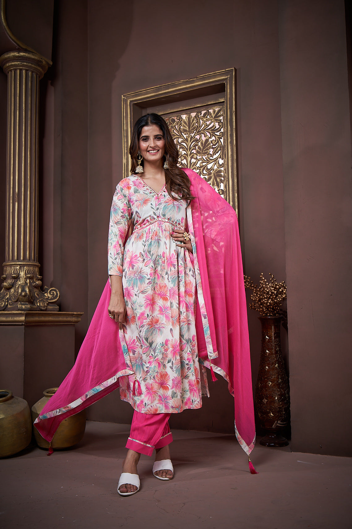 Jyoti Fashion Women's Pink Rayon Floral Print with Handwork Designer Kurta Set with Dupatta | Swadesiicart