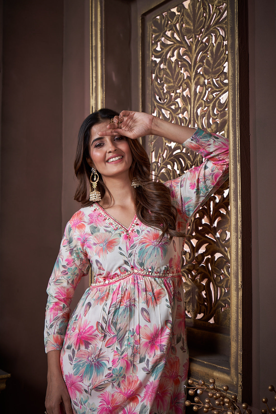 Jyoti Fashion Women's Pink Rayon Floral Print with Handwork Designer Kurta Set with Dupatta | Swadesiicart