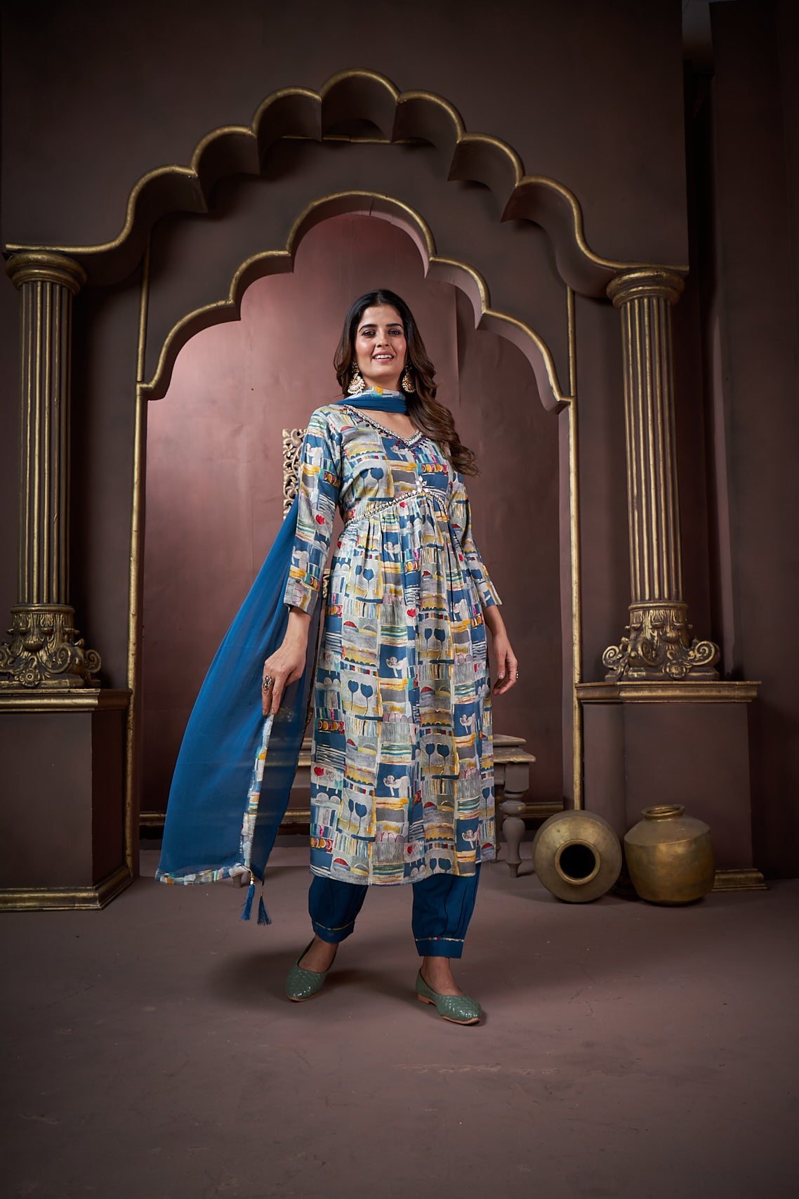 Jyoti Fashion Women's Navy Blue Rayon Floral Print with Handwork Designer Kurta Set with Dupatta | Swadesiicart