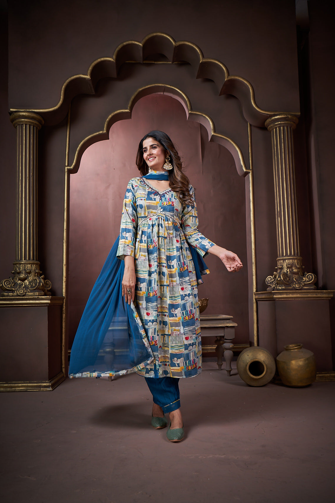 Jyoti Fashion Women's Navy Blue Rayon Floral Print with Handwork Designer Kurta Set with Dupatta | Swadesiicart
