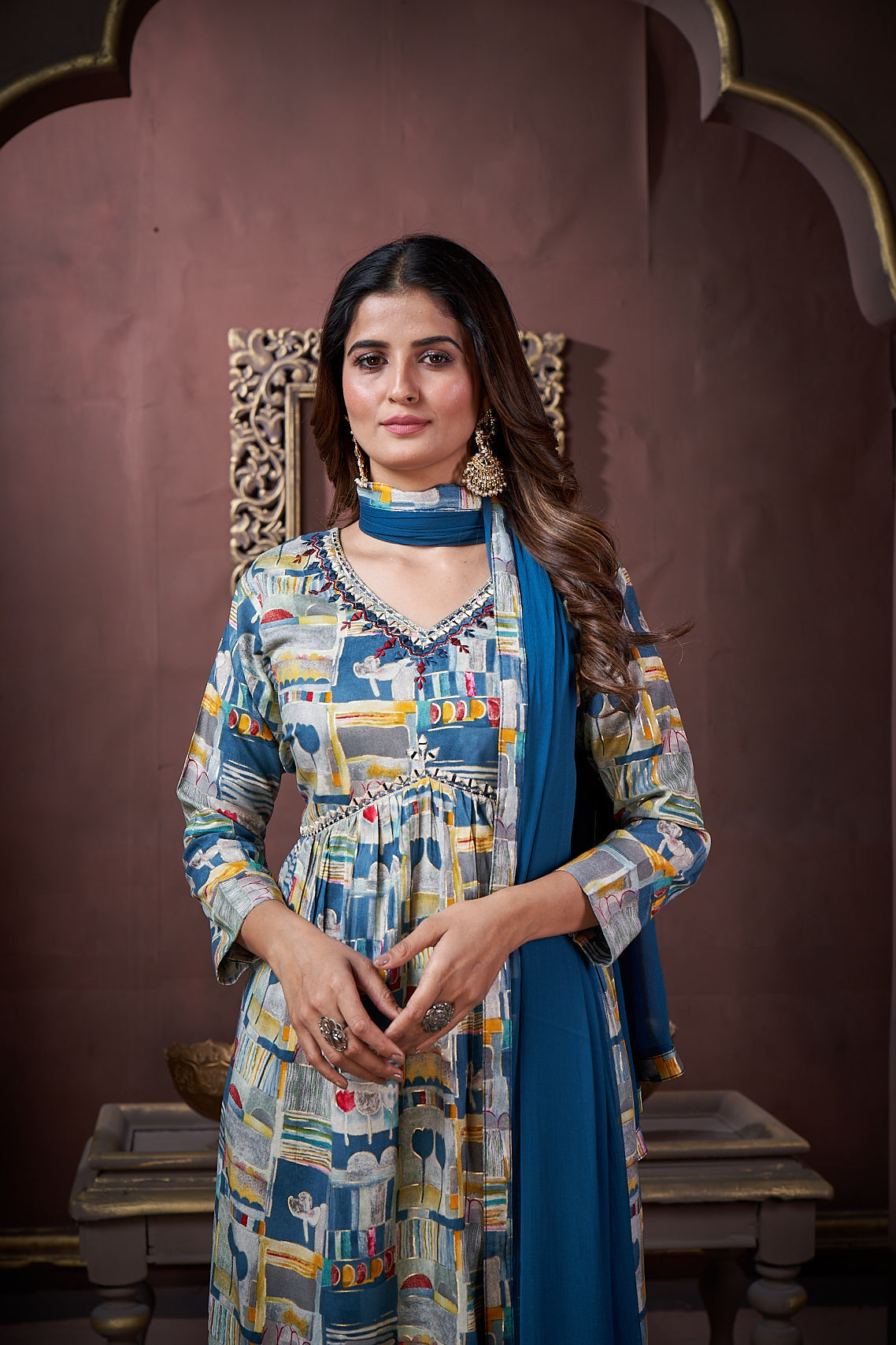 Jyoti Fashion Women's Navy Blue Rayon Floral Print with Handwork Designer Kurta Set with Dupatta | Swadesiicart