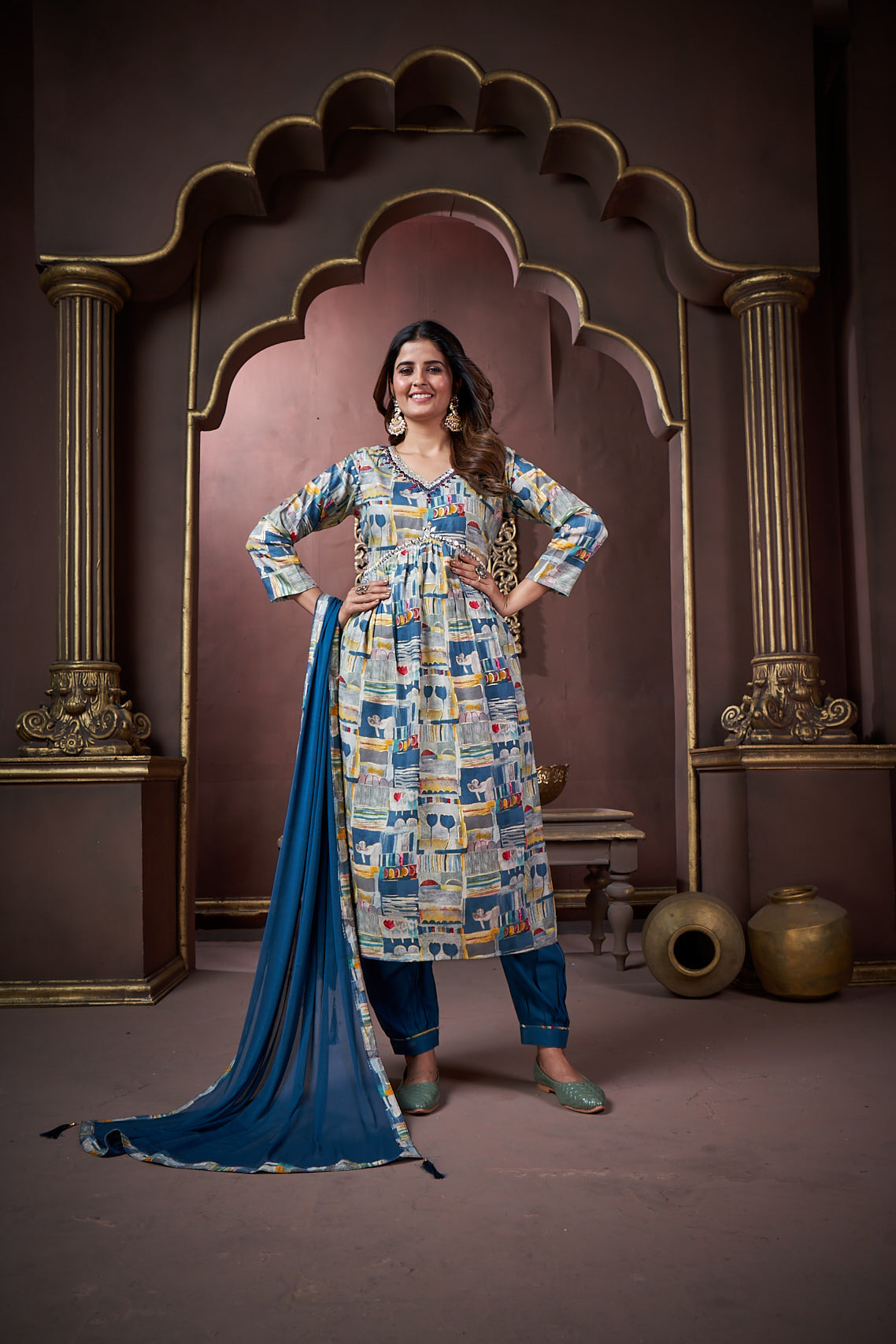 Jyoti Fashion Women's Navy Blue Rayon Floral Print with Handwork Designer Kurta Set with Dupatta | Swadesiicart