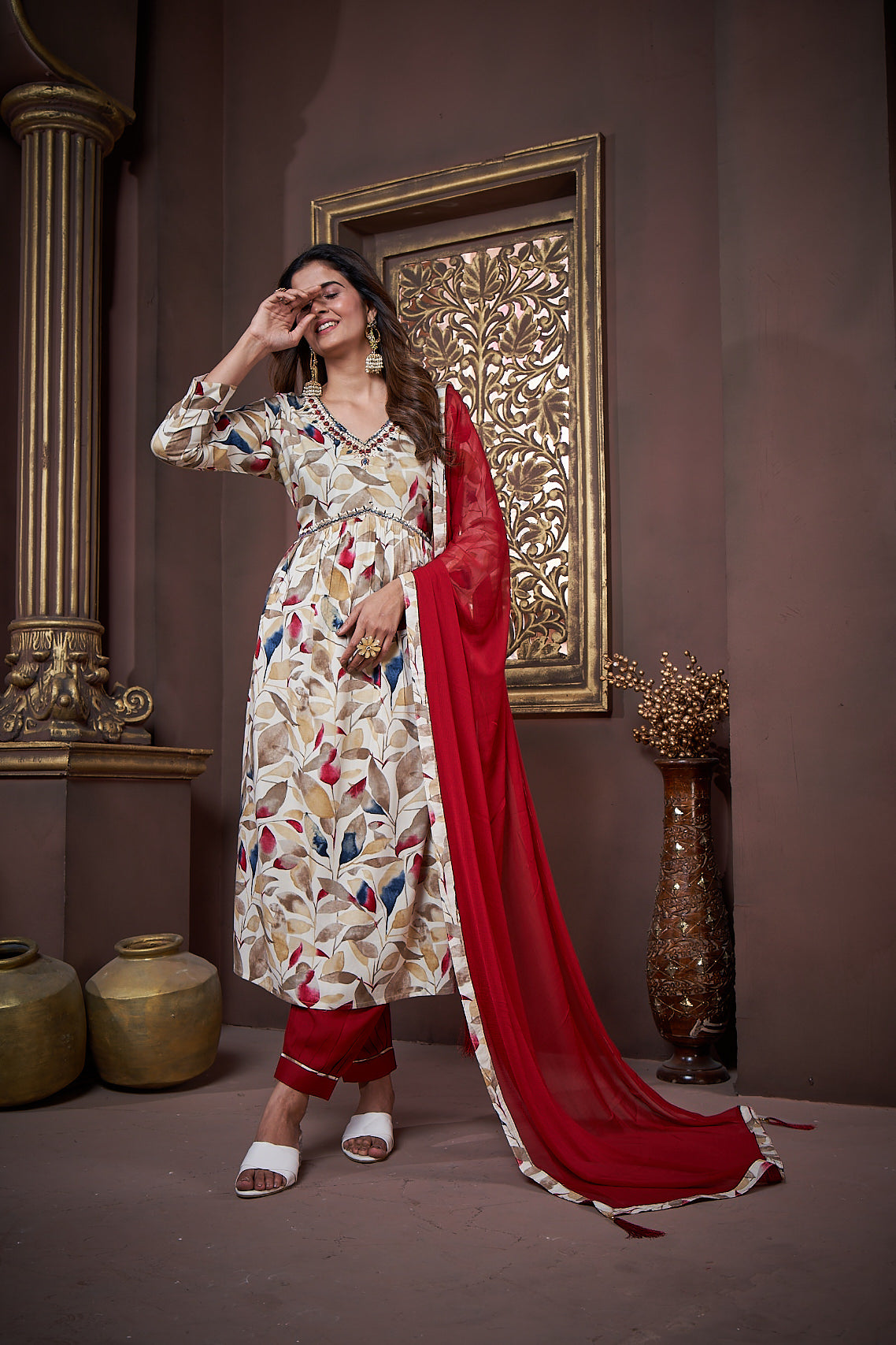 Jyoti Fashion Women's Maroon Rayon Floral Print with Handwork Designer Kurta Set with Dupatta | Swadesiicart