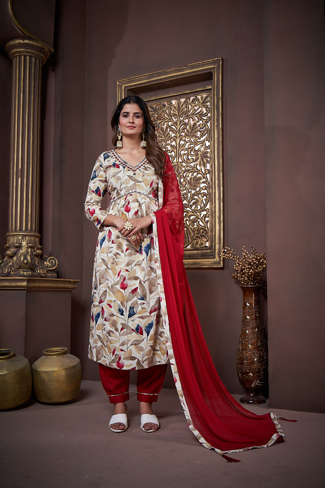 Jyoti Fashion Women's Maroon Rayon Floral Print with Handwork Designer Kurta Set with Dupatta | Swadesiicart