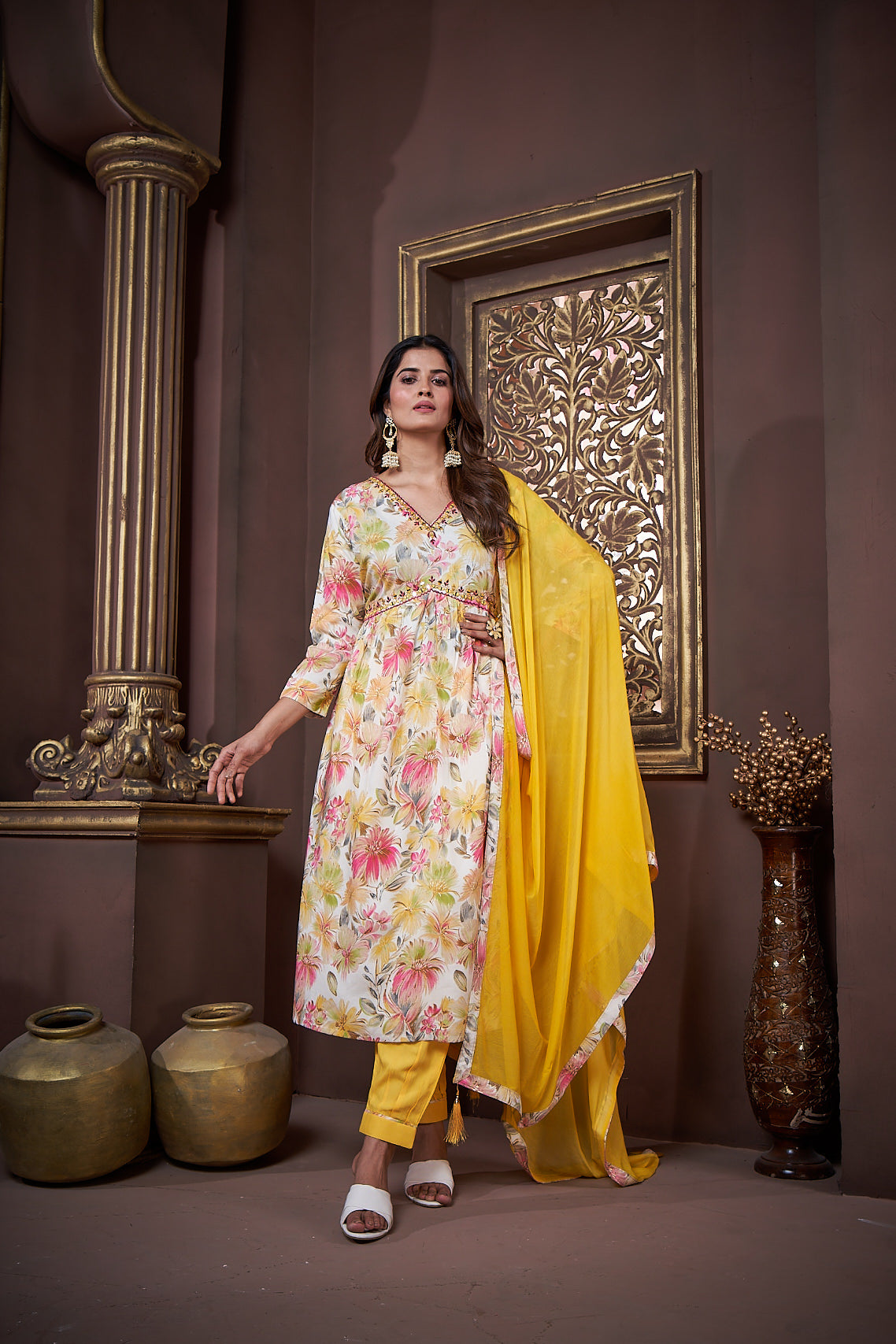 Jyoti Fashion Women's Yellow Rayon Floral Print with Handwork Designer Kurta Set with Dupatta | Swadesiicart
