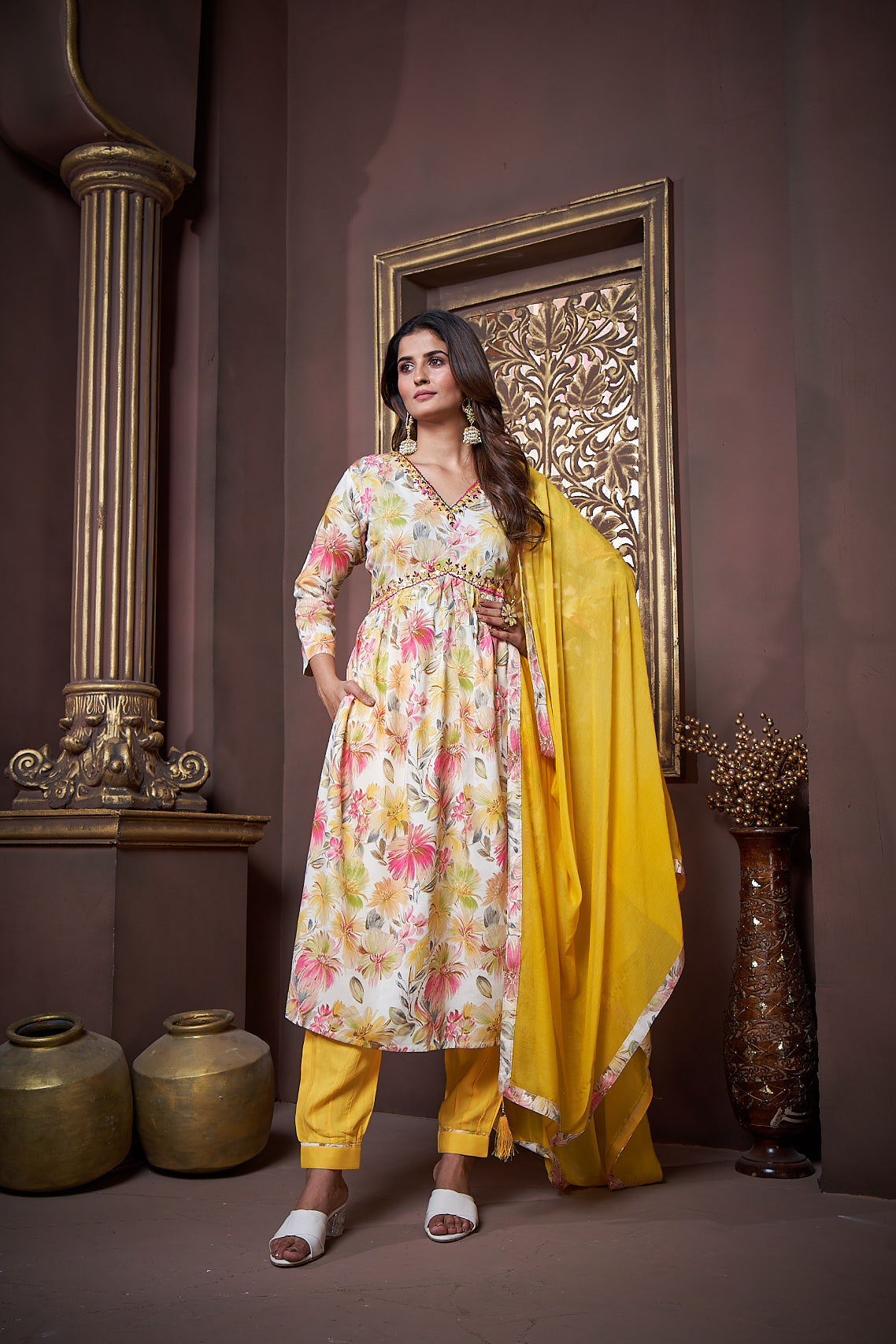 Jyoti Fashion Women's Yellow Rayon Floral Print with Handwork Designer Kurta Set with Dupatta | Swadesiicart