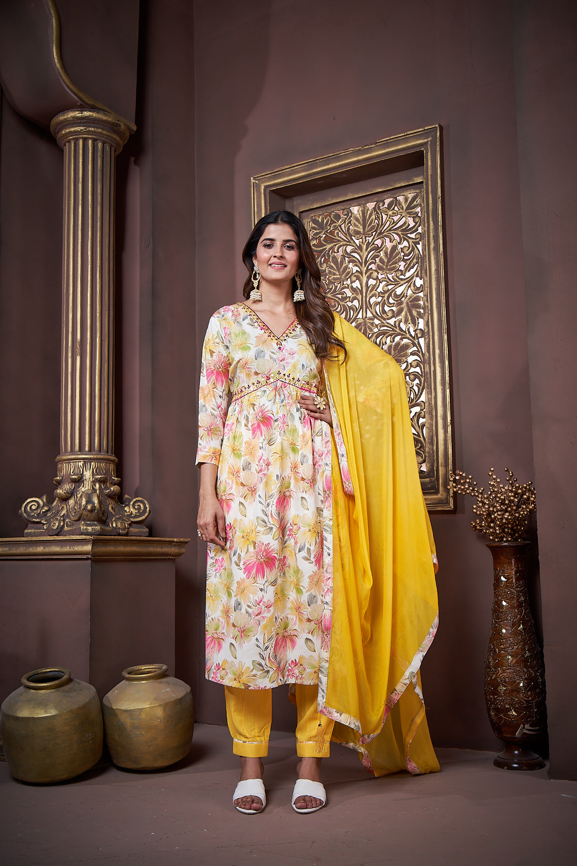 Jyoti Fashion Women's Yellow Rayon Floral Print with Handwork Designer Kurta Set with Dupatta | Swadesiicart