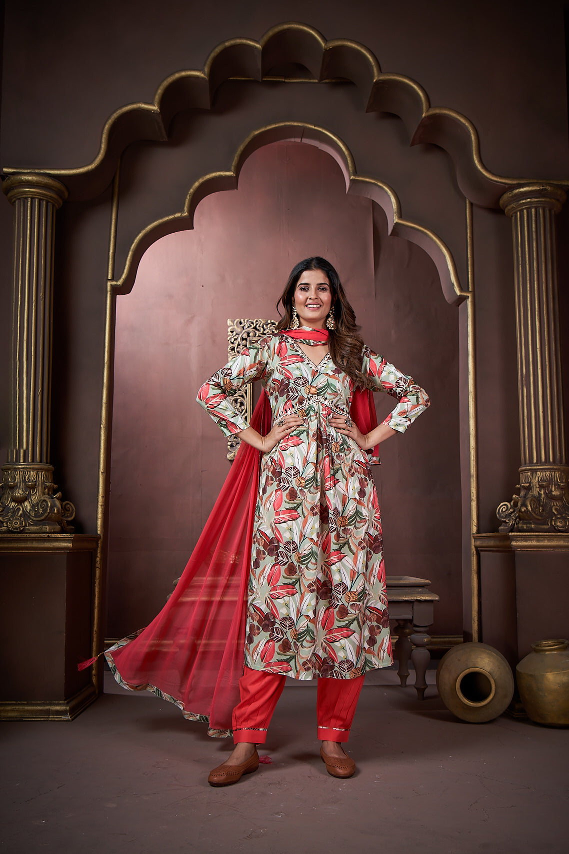 Jyoti Fashion Women's Red Rayon Floral Print with Handwork Designer Kurta Set with Dupatta | Swadesiicart