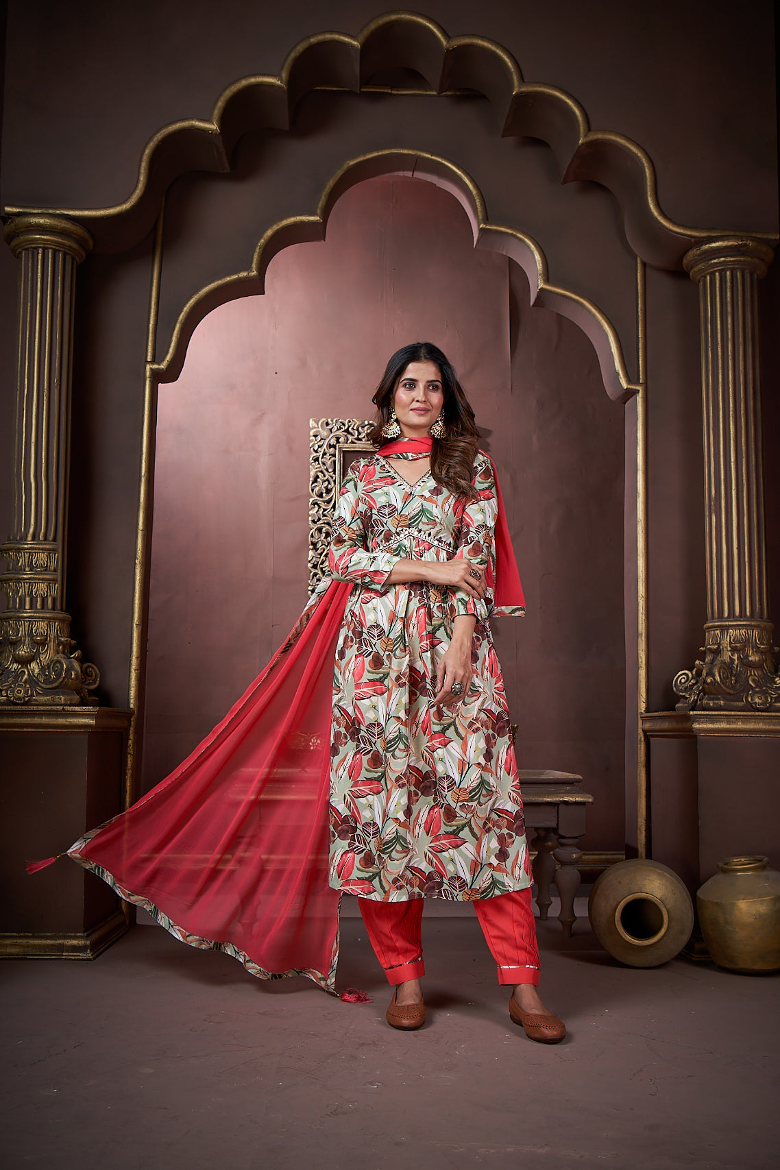 Jyoti Fashion Women's Red Rayon Floral Print with Handwork Designer Kurta Set with Dupatta | Swadesiicart