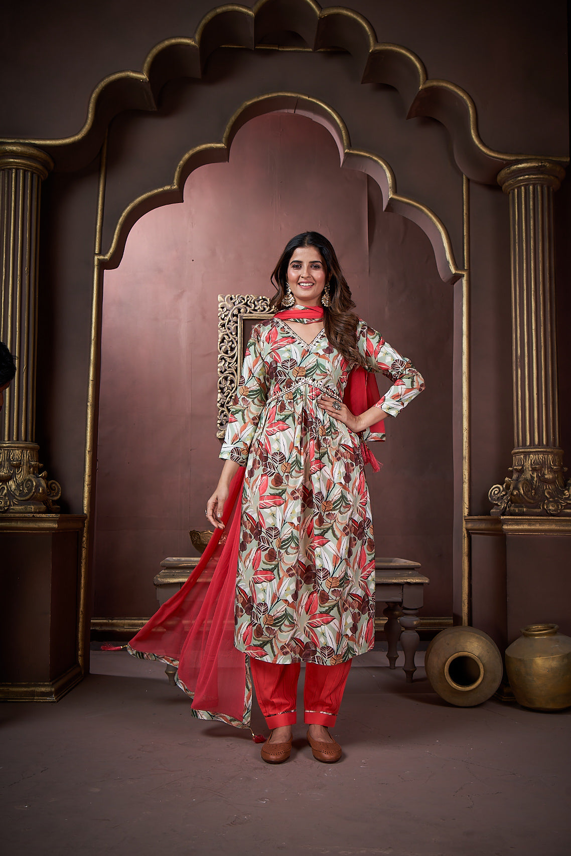 Jyoti Fashion Women's Red Rayon Floral Print with Handwork Designer Kurta Set with Dupatta | Swadesiicart