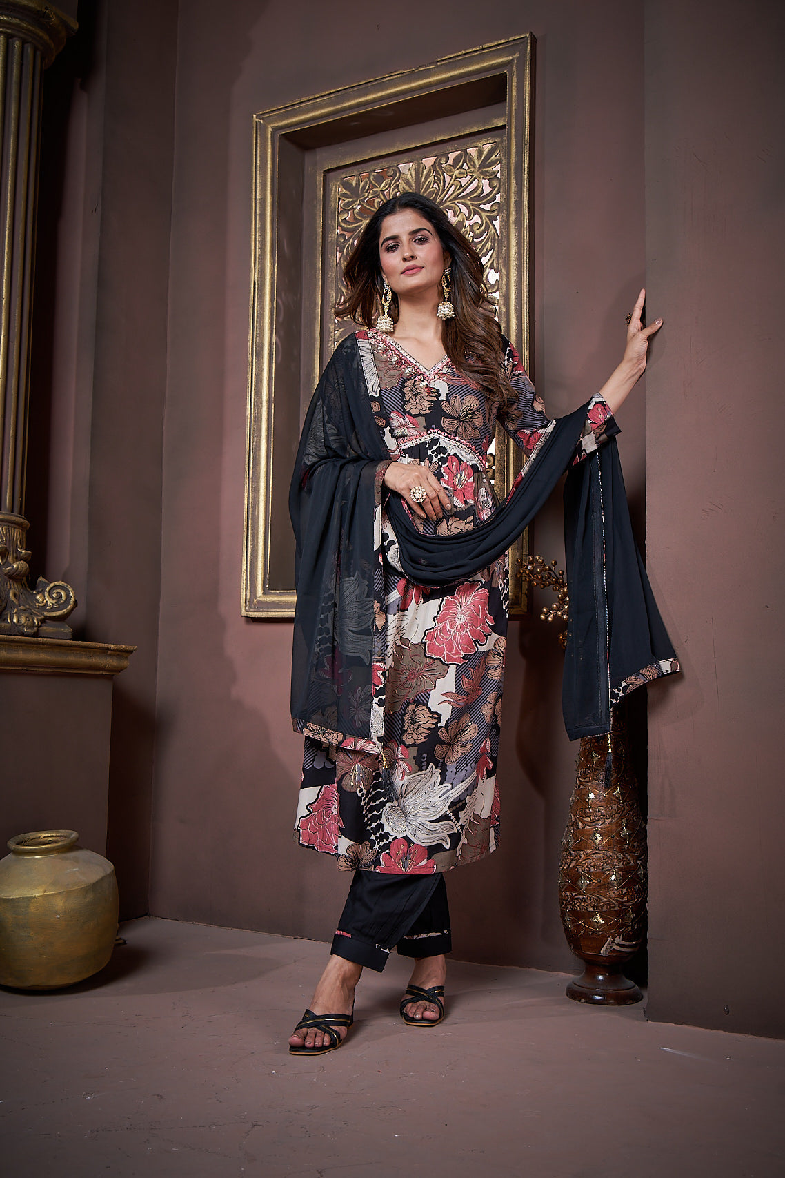 Jyoti Fashion Women's Black Rayon Floral Print with Handwork Designer Kurta Set with Dupatta | Swadesiicart