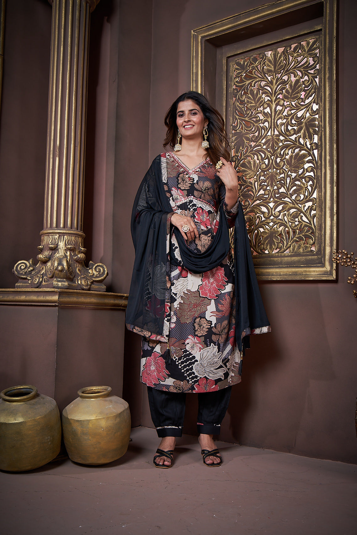 Jyoti Fashion Women's Black Rayon Floral Print with Handwork Designer Kurta Set with Dupatta | Swadesiicart
