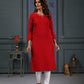 Jyoti Fashion Women's Red Cotton Handwork Designer Kurta Only - Swadesiicart