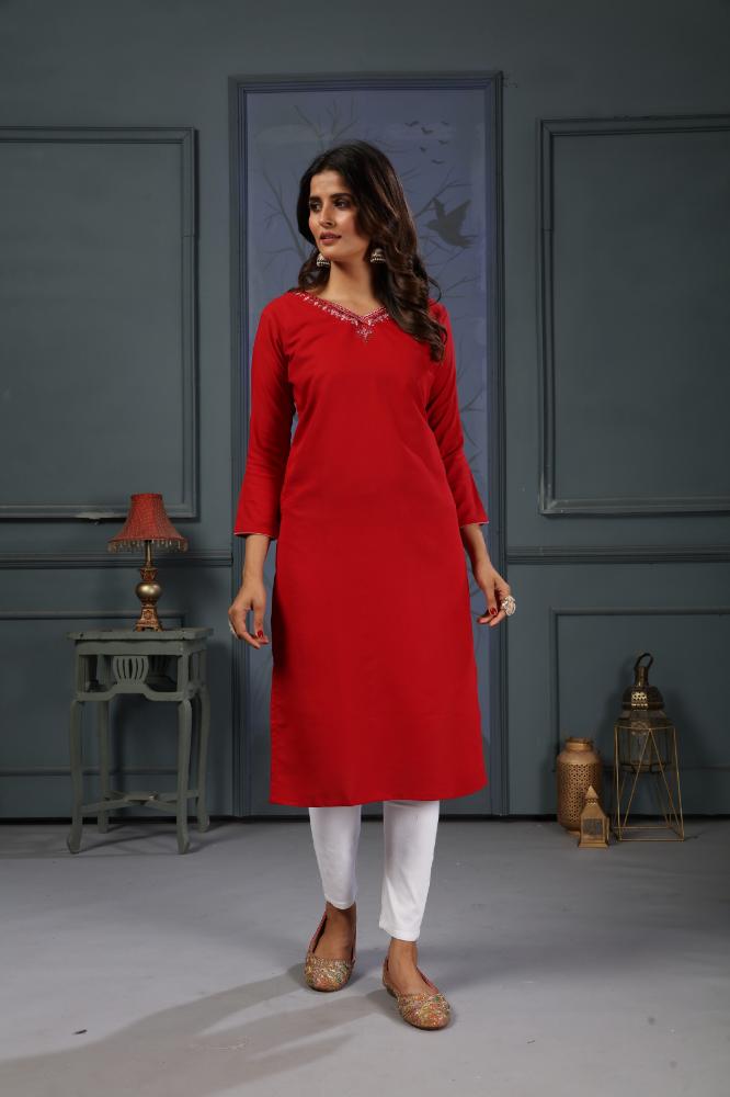 Jyoti Fashion Women's Red Cotton Handwork Designer Kurta Only - Swadesiicart
