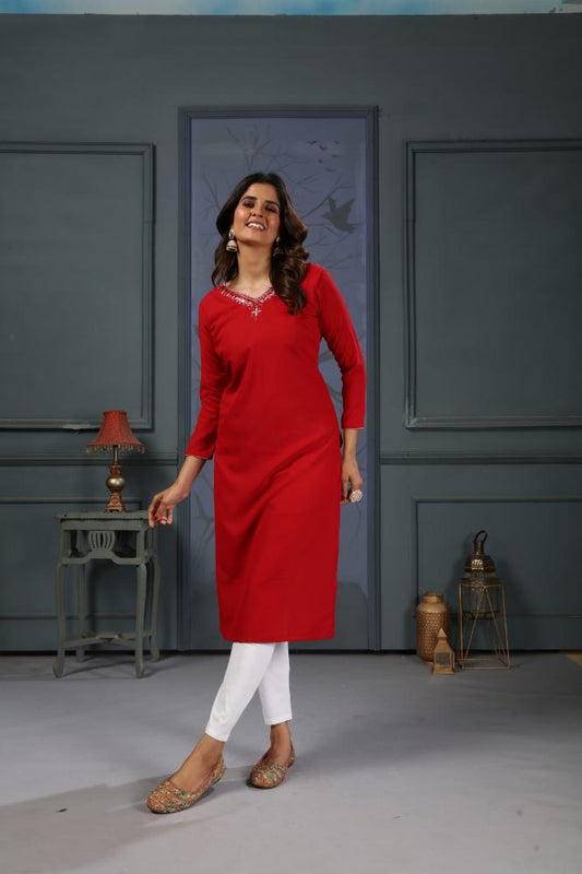 Jyoti Fashion Women's Red Cotton Handwork Designer Kurta Only - Swadesiicart