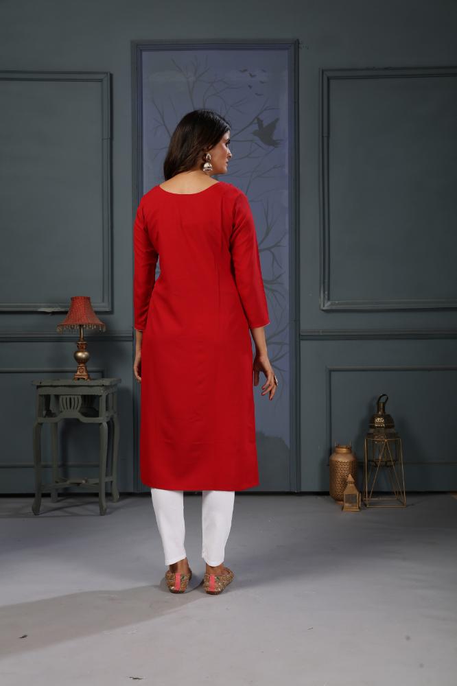 Jyoti Fashion Women's Red Cotton Handwork Designer Kurta Only - Swadesiicart