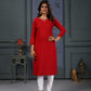 Jyoti Fashion Women's Red Cotton Handwork Designer Kurta Only - Swadesiicart