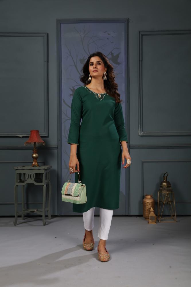 Jyoti Fashion Women's Green Cotton Handwork Designer Kurta Only - Swadesiicart