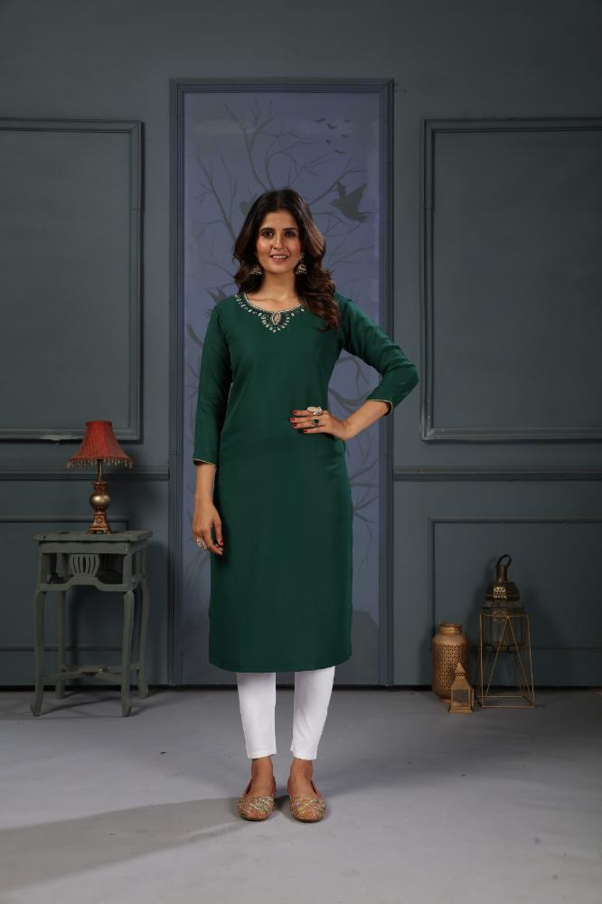 Jyoti Fashion Women's Green Cotton Handwork Designer Kurta Only - Swadesiicart