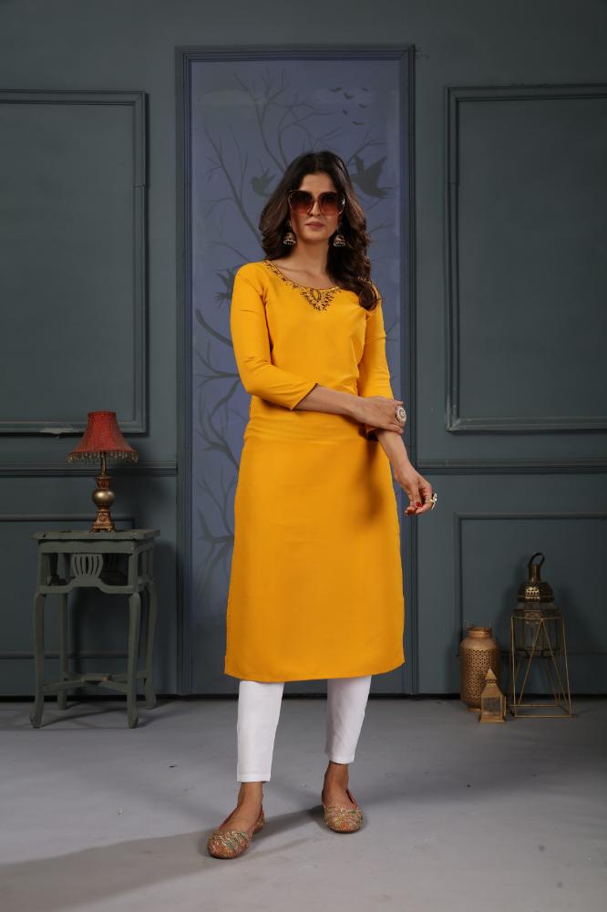 Jyoti Fashion Women's Yellow Cotton Handwork Designer Kurta Only - Swadesiicart